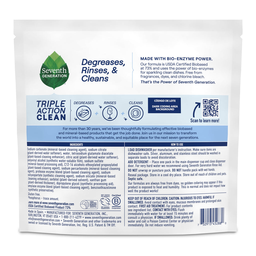Seventh Generation Dishwasher Detergent - Fragrance Free, Triple Chamber Detergent Packs, 16 Count