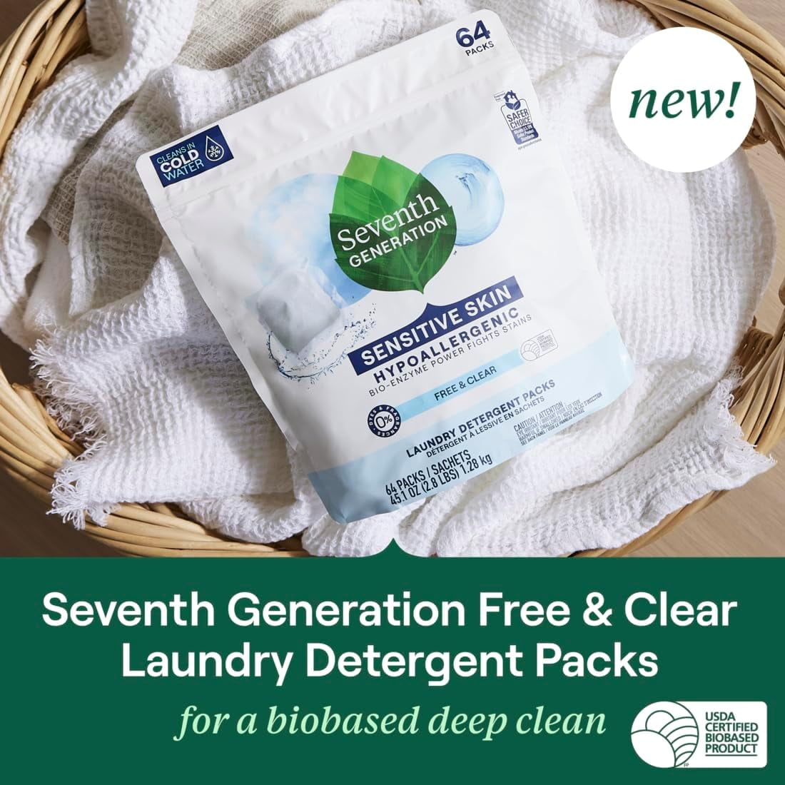 Seventh Generation Laundry Detergent Packs - Free & Clear, Made for Sensitive Skin, 64 Count