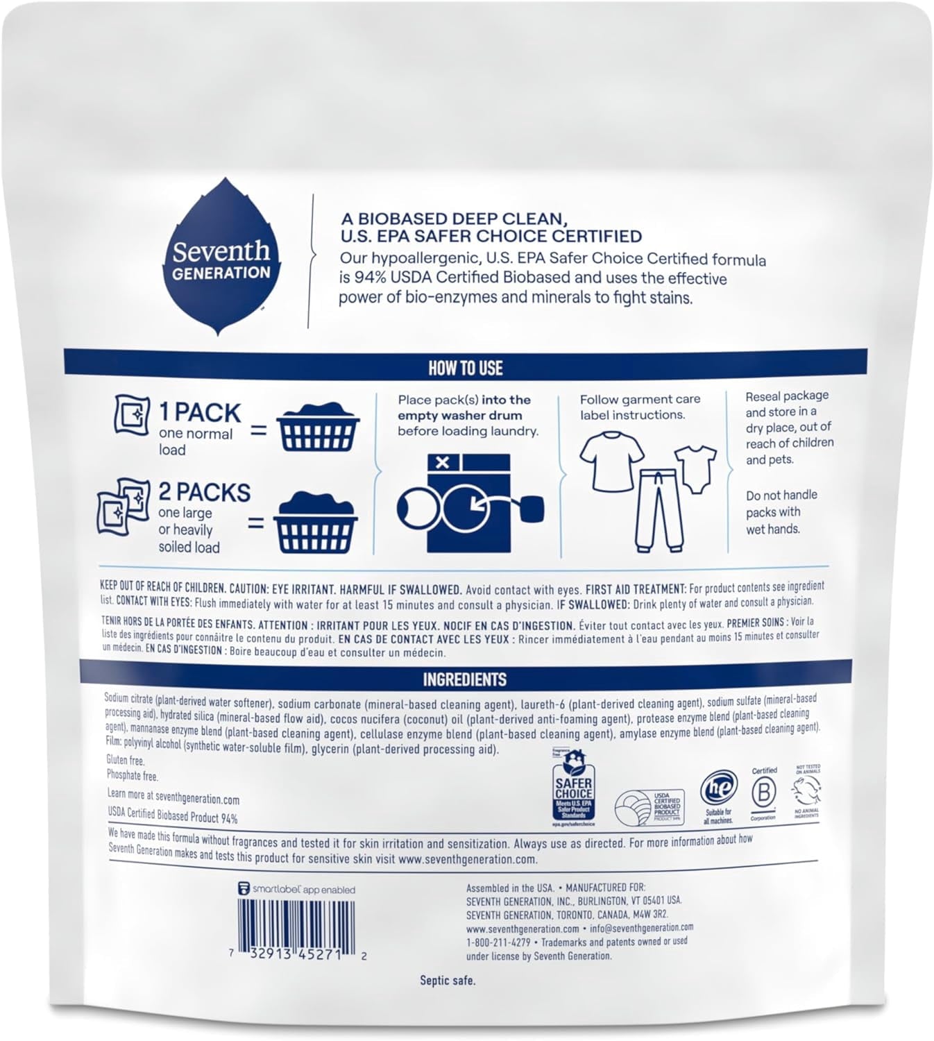 Seventh Generation Laundry Detergent Packs - Free & Clear, Made for Sensitive Skin, 64 Count