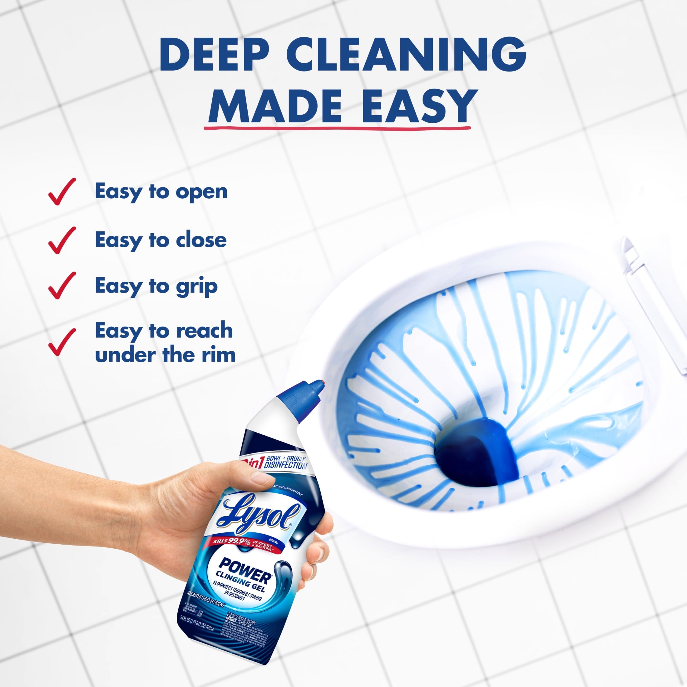 Lysol Toilet Bowl Cleaner Clinging Gel - Power, Disinfecting Bathroom Cleaner and Toilet Bowl Stain Remover, 24 fl oz