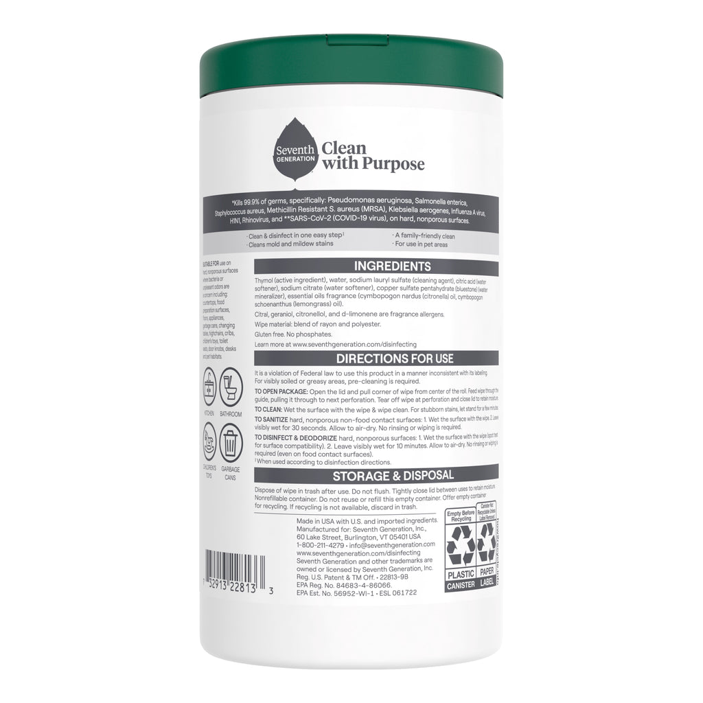 Seventh Generation Disinfecting Wipes - Lemongrass Citrus, 70 Wipes - 2-Pack