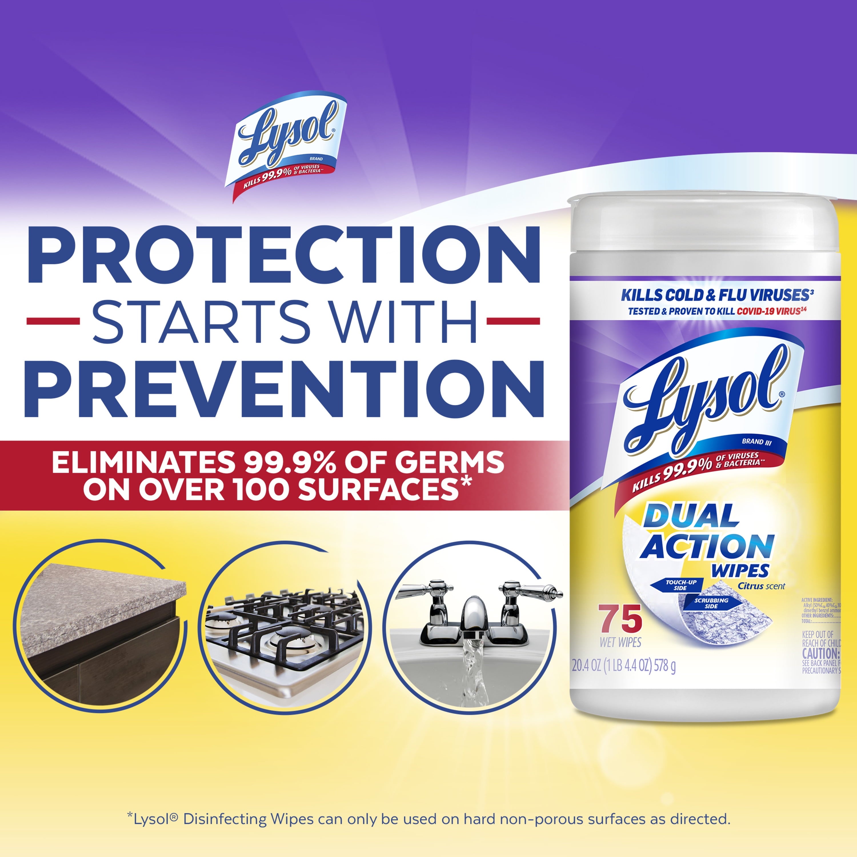 Lysol Dual Action Disinfectant Wipes - Multi-Surface Antibacterial Scrubbing Wipes, For Disinfecting and Cleaning, Citrus Scent, 75 Count