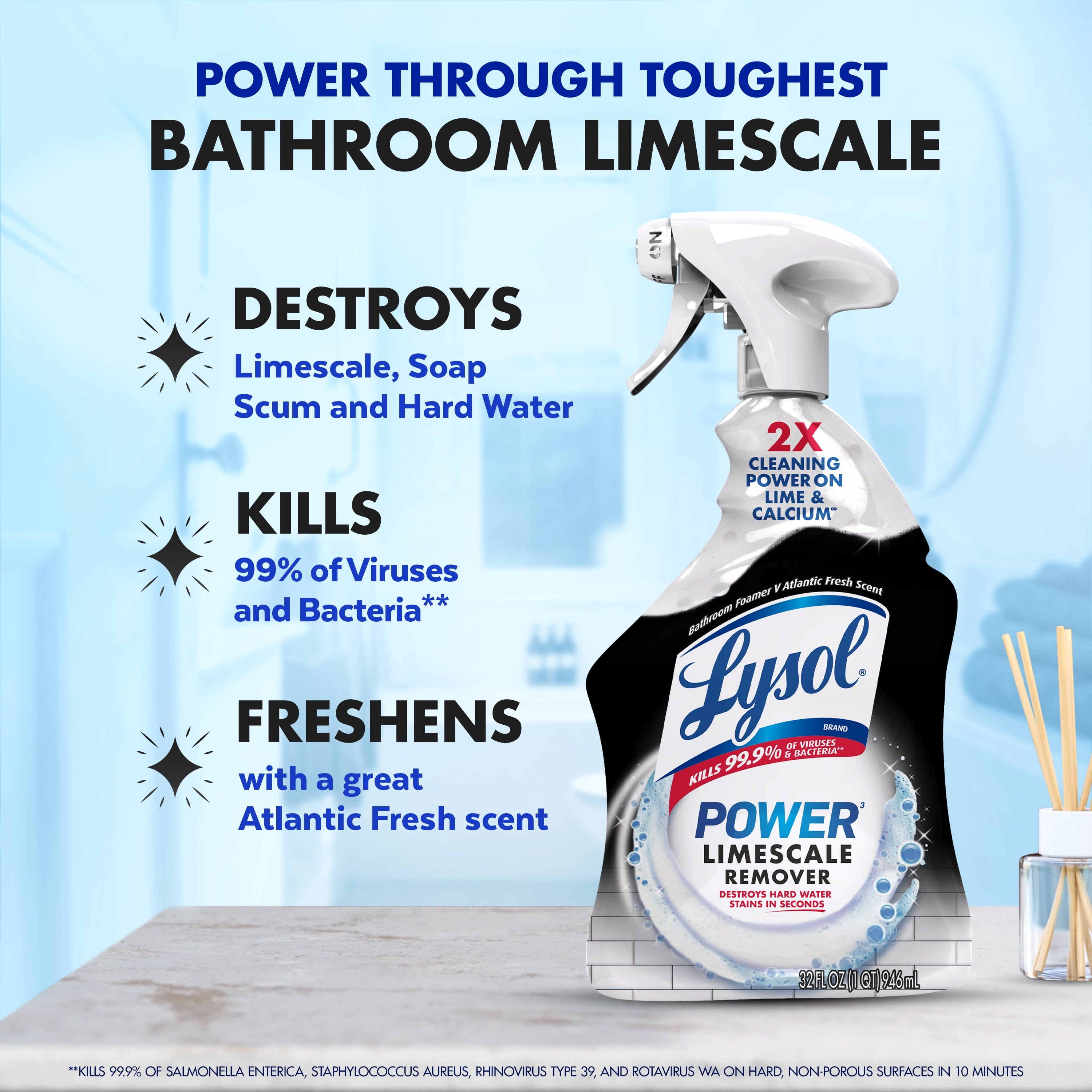 Lysol Power Limescale Remover Bathroom Cleaner Spray - Hard Water Stain Remover, Disinfecting Multipurpose Cleaner, 0% Bleach, Atlantic Fresh Scent, 32 fl oz - 2-Pack