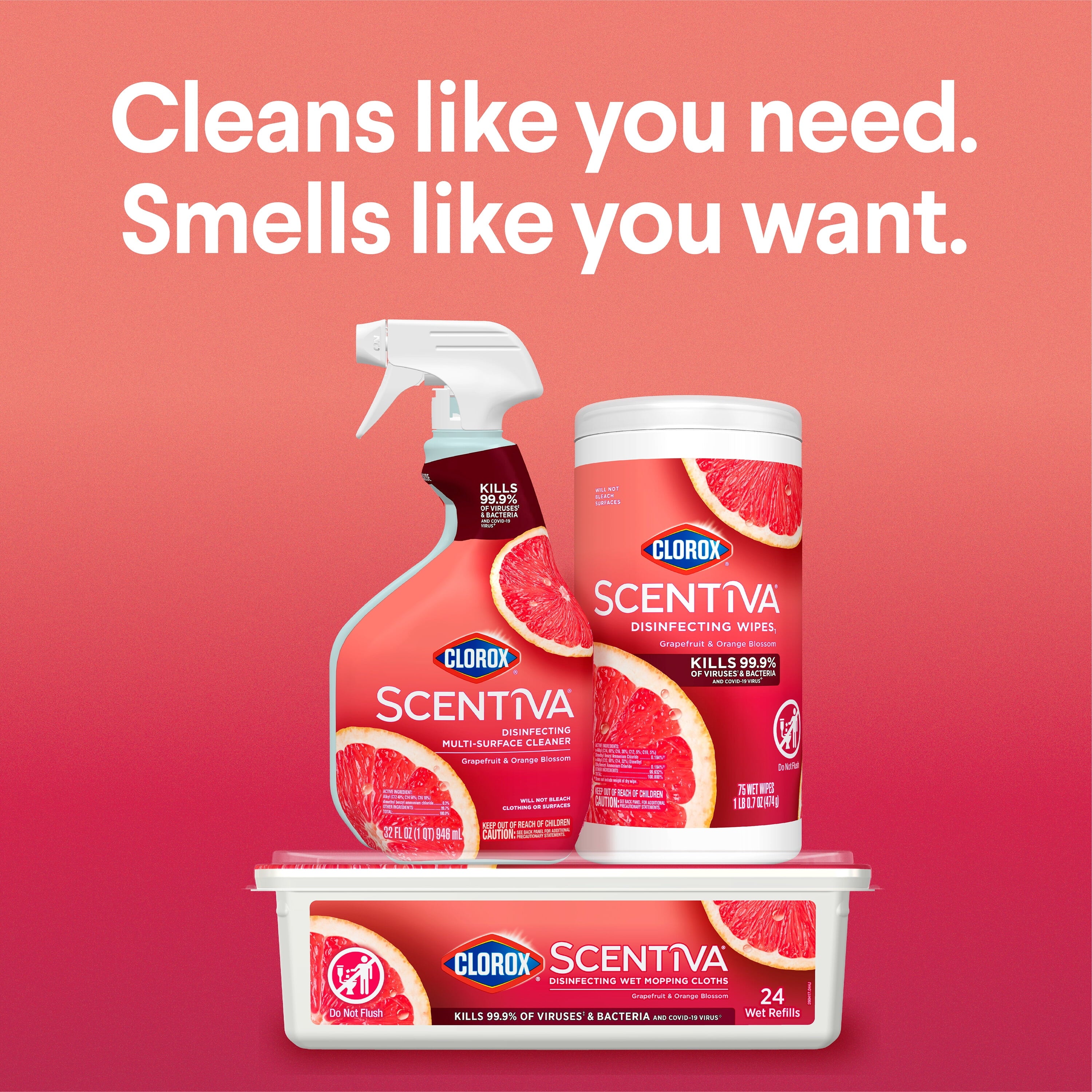 Clorox Scentiva Bleach-Free Cleaning Wipes - Grapefruit & Orange Blossom, 75 Count - 3-Pack