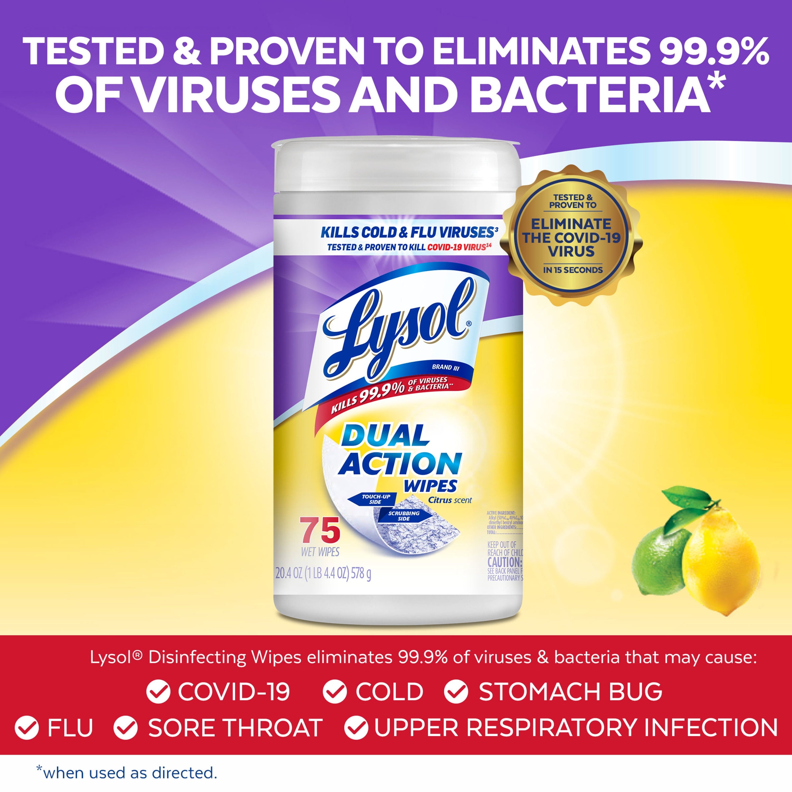 Lysol Dual Action Disinfectant Wipes - Multi-Surface Antibacterial Scrubbing Wipes, For Disinfecting and Cleaning, Citrus Scent, 75 Count