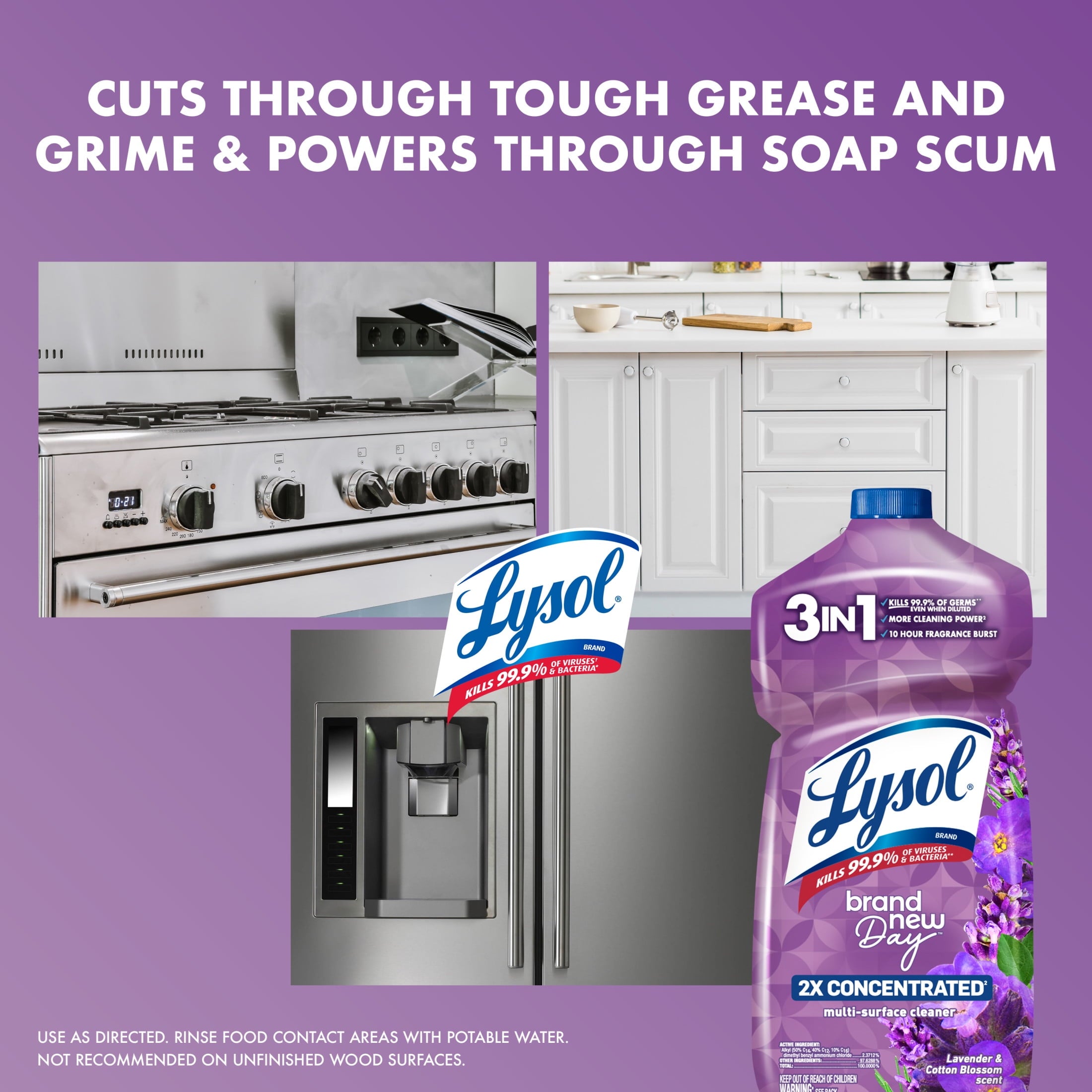 Lysol All-Purpose Cleaner - 2X Concentrated Multi-Surface Disinfectant Floor Cleaner for Mopping Solution, for Bathroom & Kitchen, Lavender & Cotton Blossom, 48 fl oz