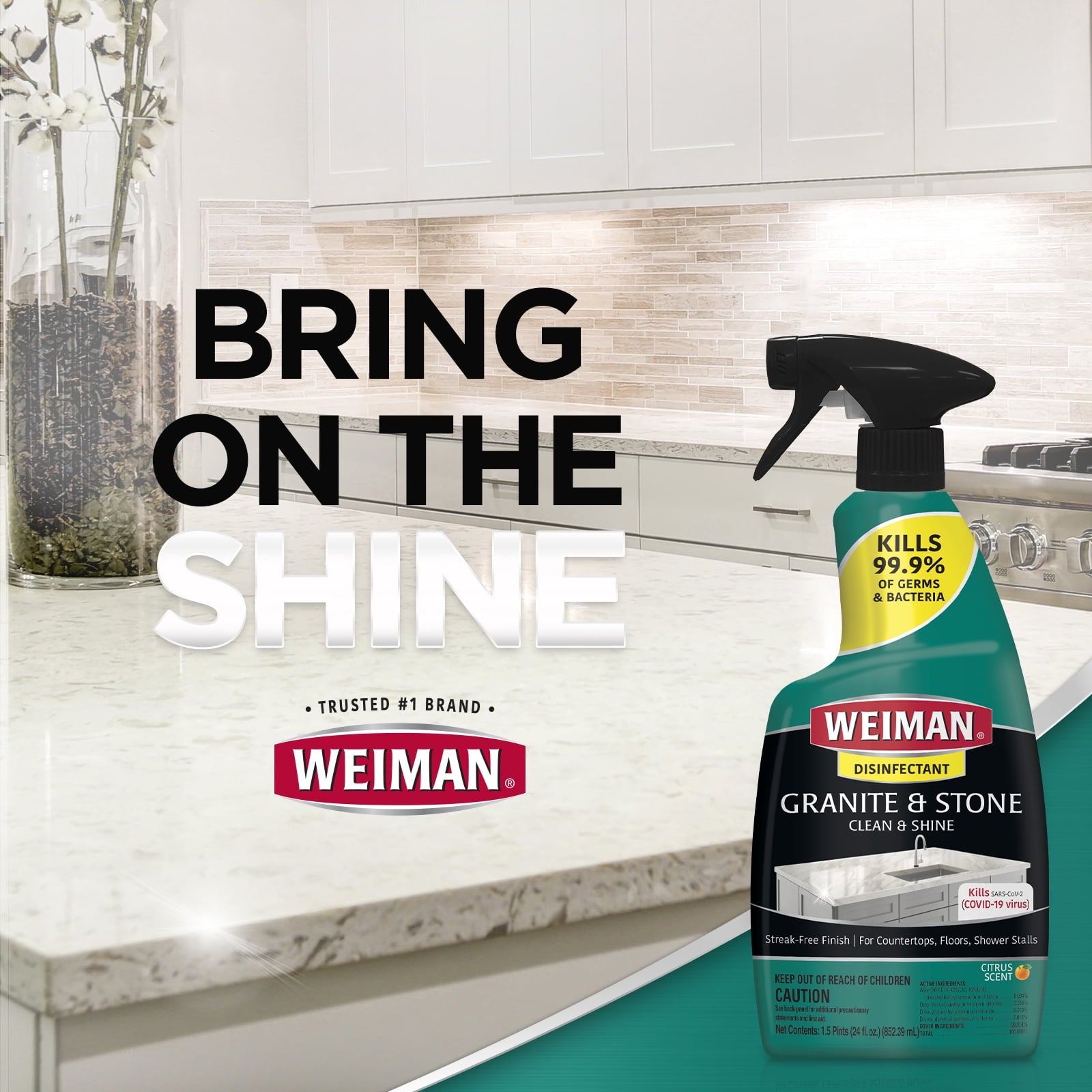 Weiman Disinfectant Granite Daily Clean & Shine - 24 fl oz (2 Pack) Safely Clean Disinfect and Shine Granite Marble Soapstone Quartz Quartzite & Slate (NEW LOOK)