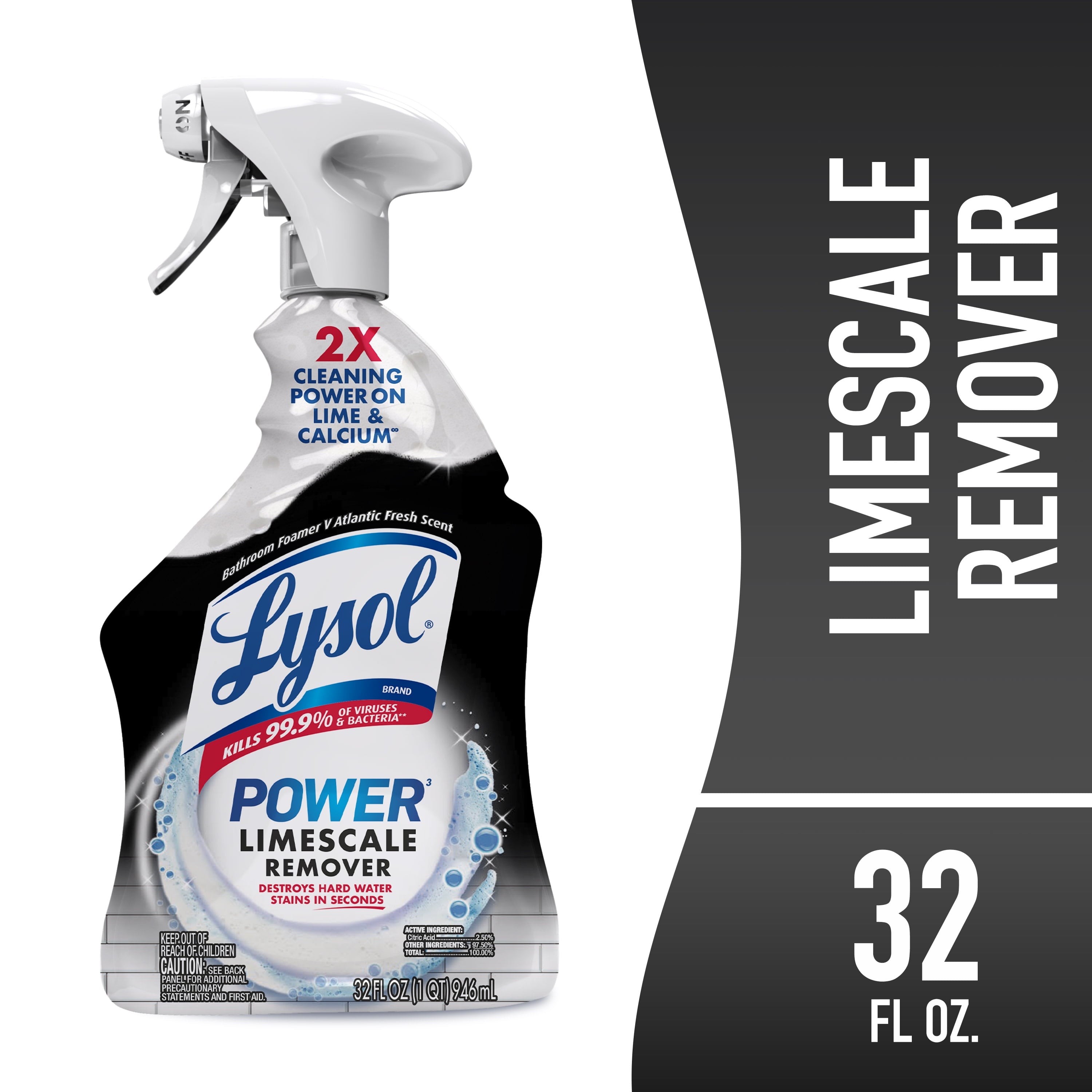 Lysol Power Limescale Remover Bathroom Cleaner Spray - Hard Water Stain Remover, Disinfecting Multipurpose Cleaner, 0% Bleach, Atlantic Fresh Scent, 32 fl oz - 2-Pack