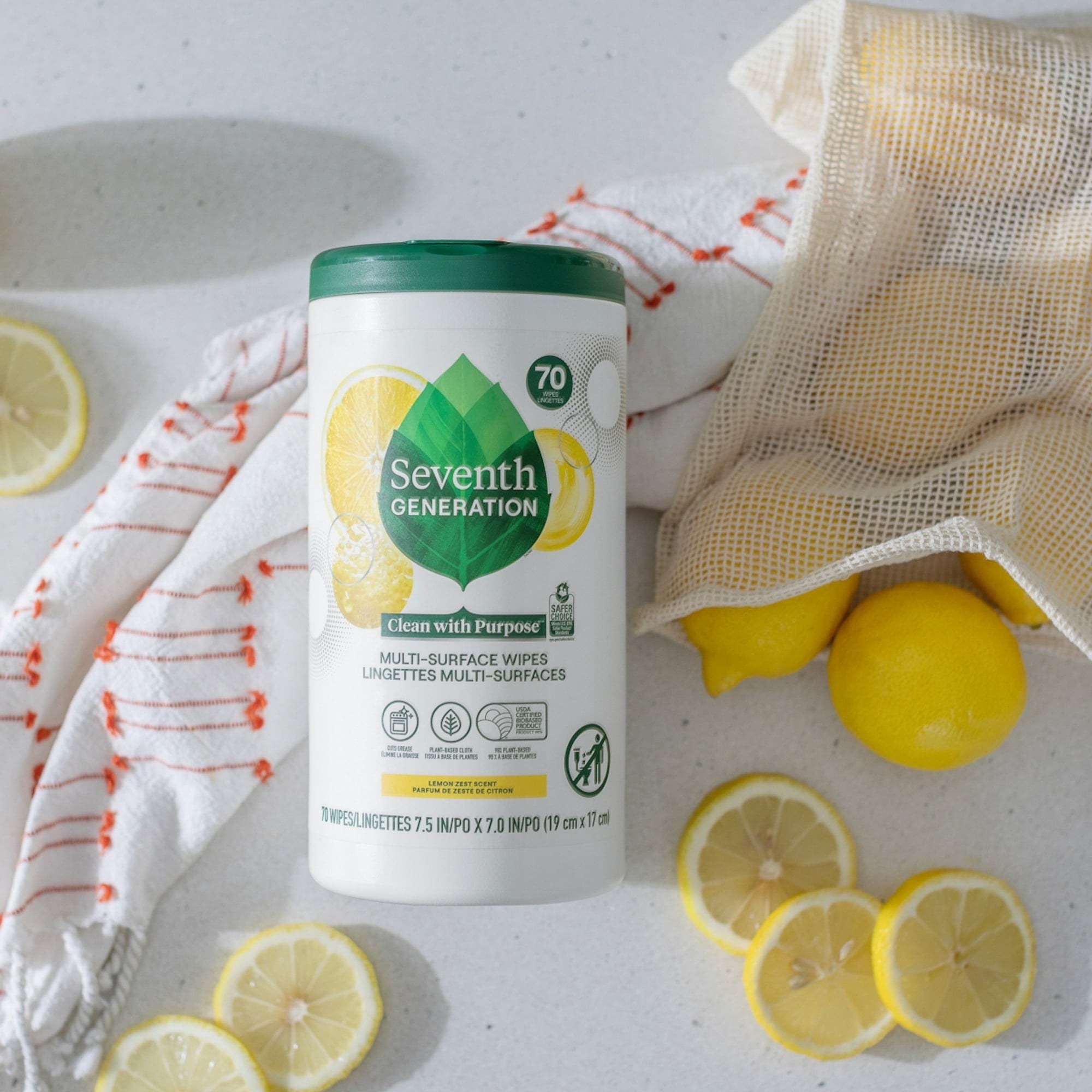 Seventh Generation Multi Surface All-Purpose Cleaning Wipes - Lemon Zest, 70 Count