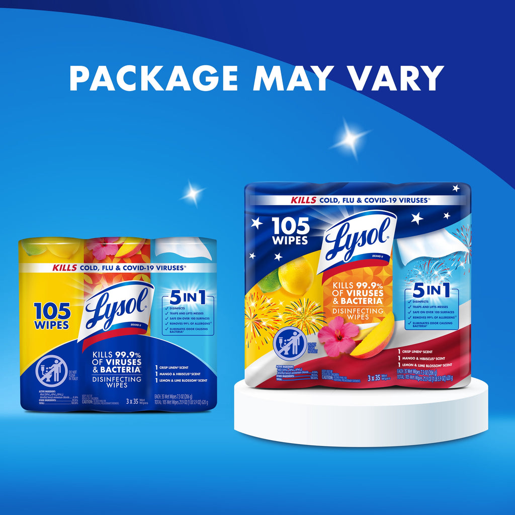Lysol Disinfecting Wipes - All-Purpose Cleaner, Multi Surface Antibacterial Cleaning Wipes, Cleaning Supplies, Lemon + Mango & Hibiscus + Crisp Linen Scent, 35 Count Each (Pack of 3)