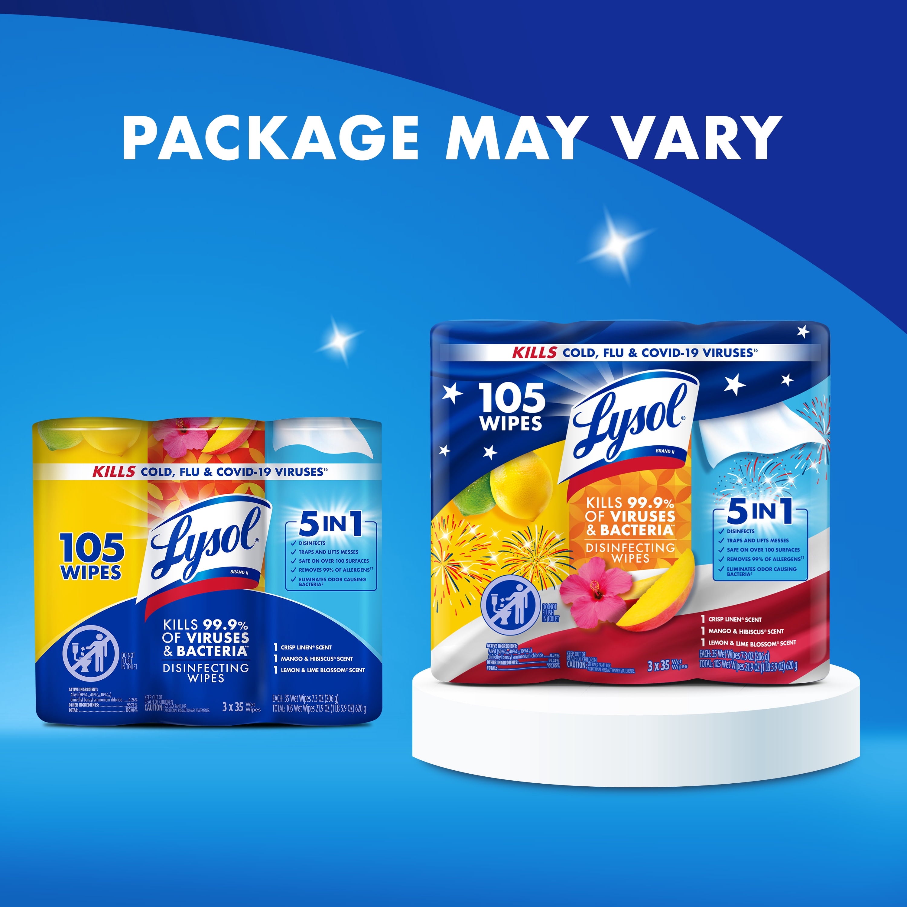 Lysol Disinfecting Wipes - All-Purpose Cleaner, Multi Surface Antibacterial Cleaning Wipes, Cleaning Supplies, Lemon + Mango & Hibiscus + Crisp Linen Scent, 35 Count Each (Pack of 3)