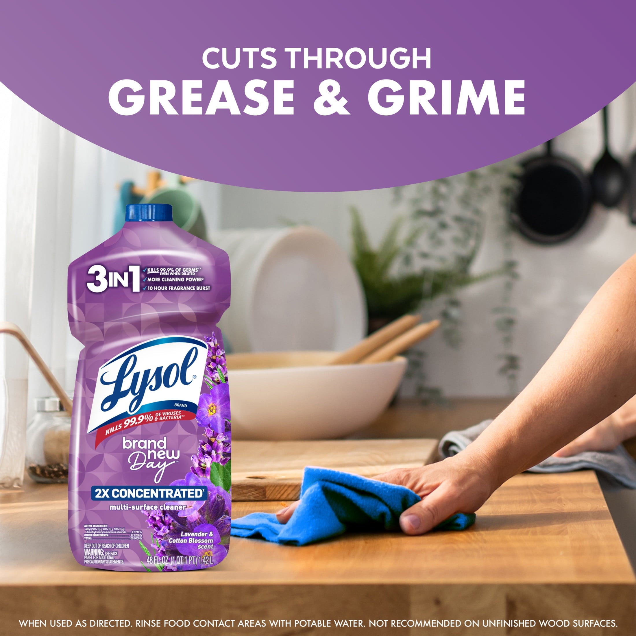 Lysol All-Purpose Cleaner - 2X Concentrated Multi-Surface Disinfectant Floor Cleaner for Mopping Solution, for Bathroom & Kitchen, Lavender & Cotton Blossom, 48 fl oz