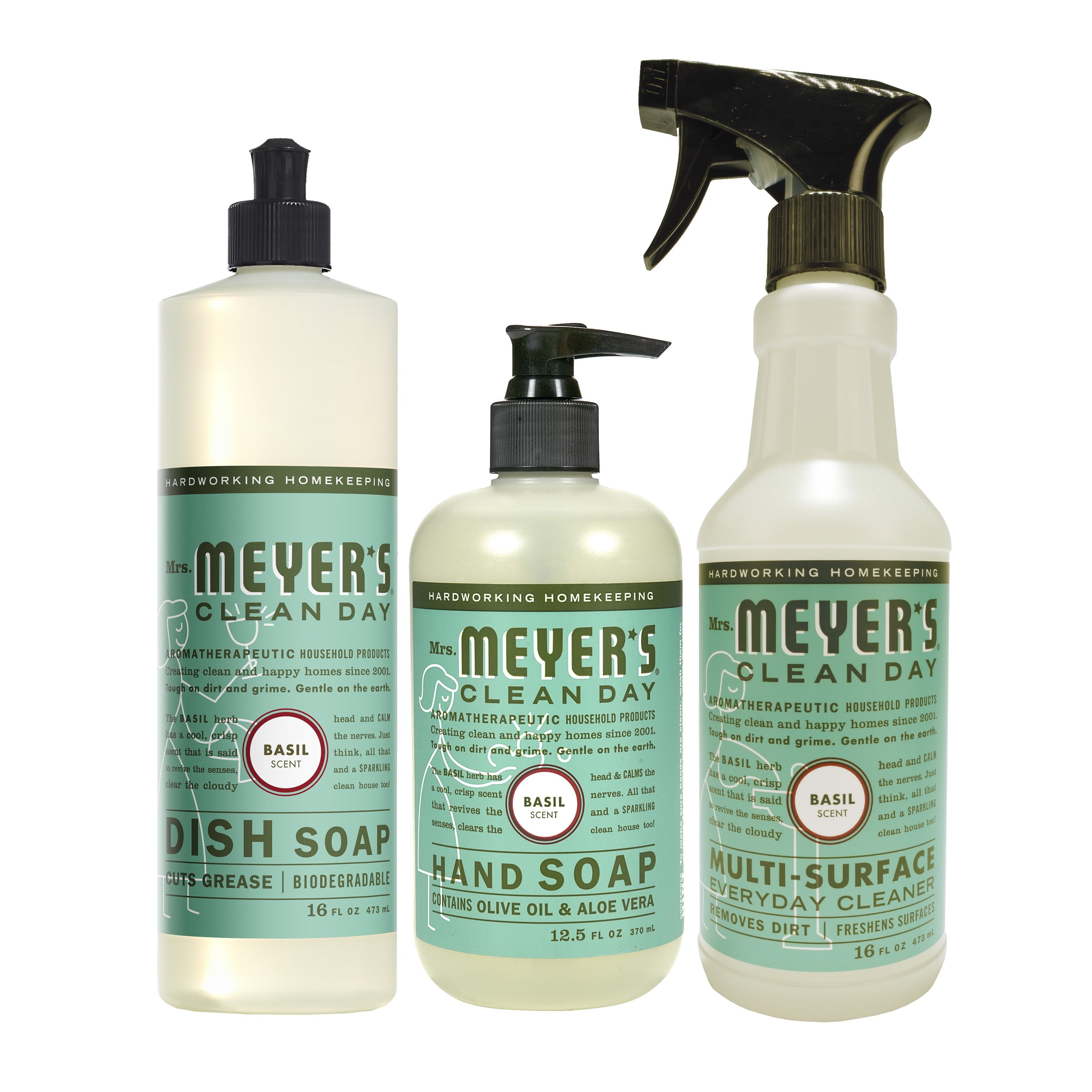 Mrs. Meyer’s Clean Day Kitchen Basics Set - Basil Cleaning Supplies, 3 Count Pack