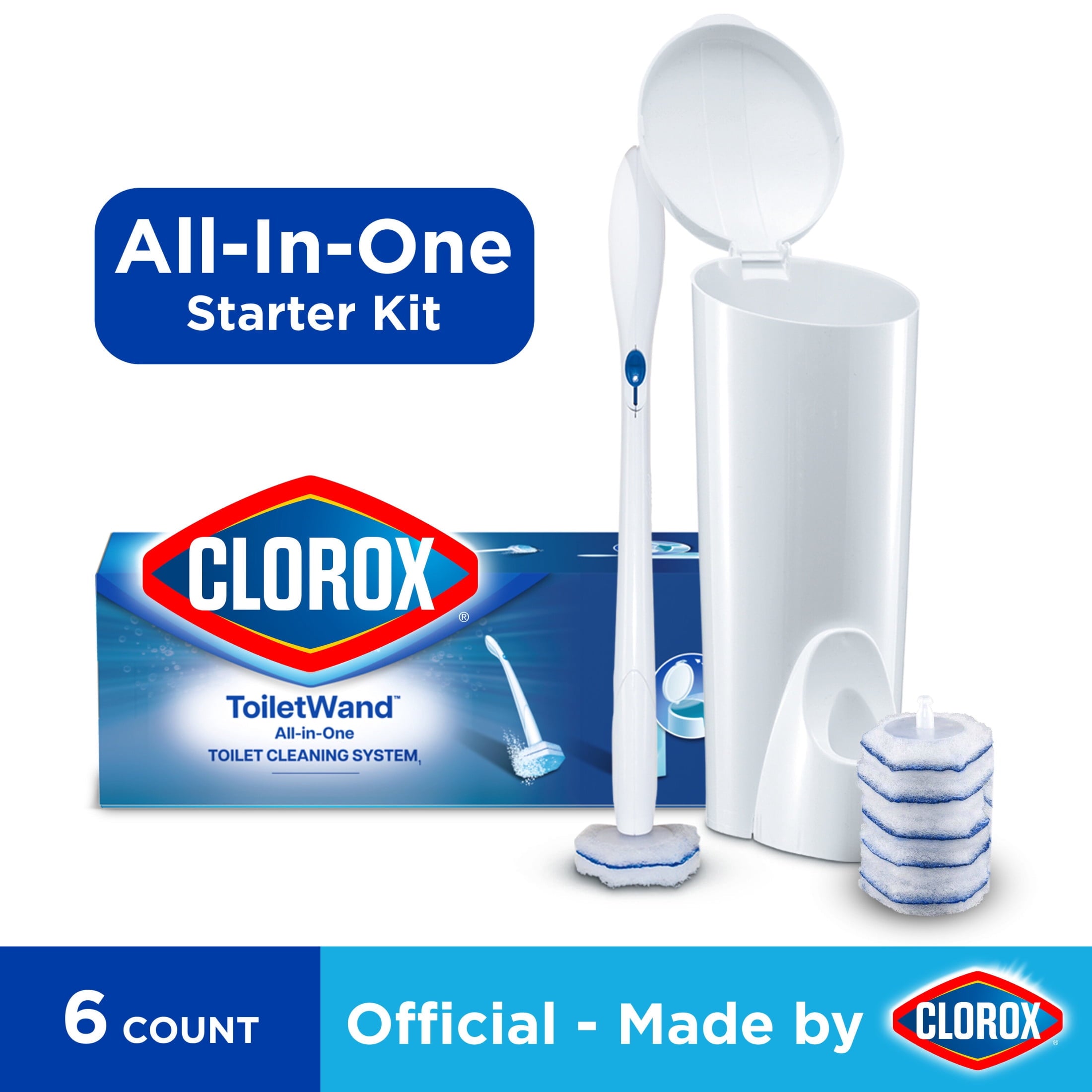 Clorox ToiletWand Disposable Toilet Cleaning System - ToiletWand, Storage Caddy and 6 Disinfecting ToiletWand Scrubbing Pad Refills