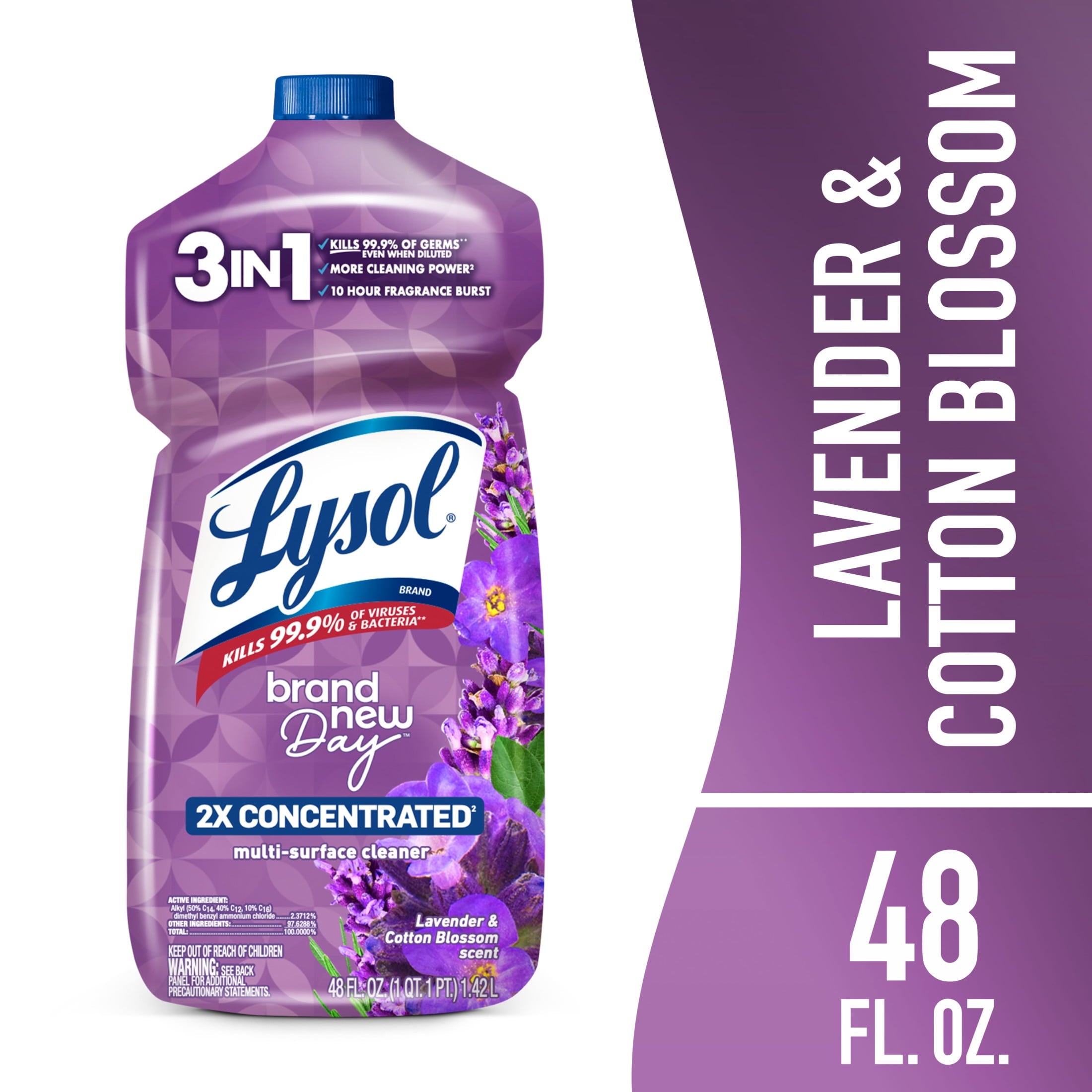 Lysol All-Purpose Cleaner - 2X Concentrated Multi-Surface Disinfectant Floor Cleaner for Mopping Solution, for Bathroom & Kitchen, Lavender & Cotton Blossom, 48 fl oz
