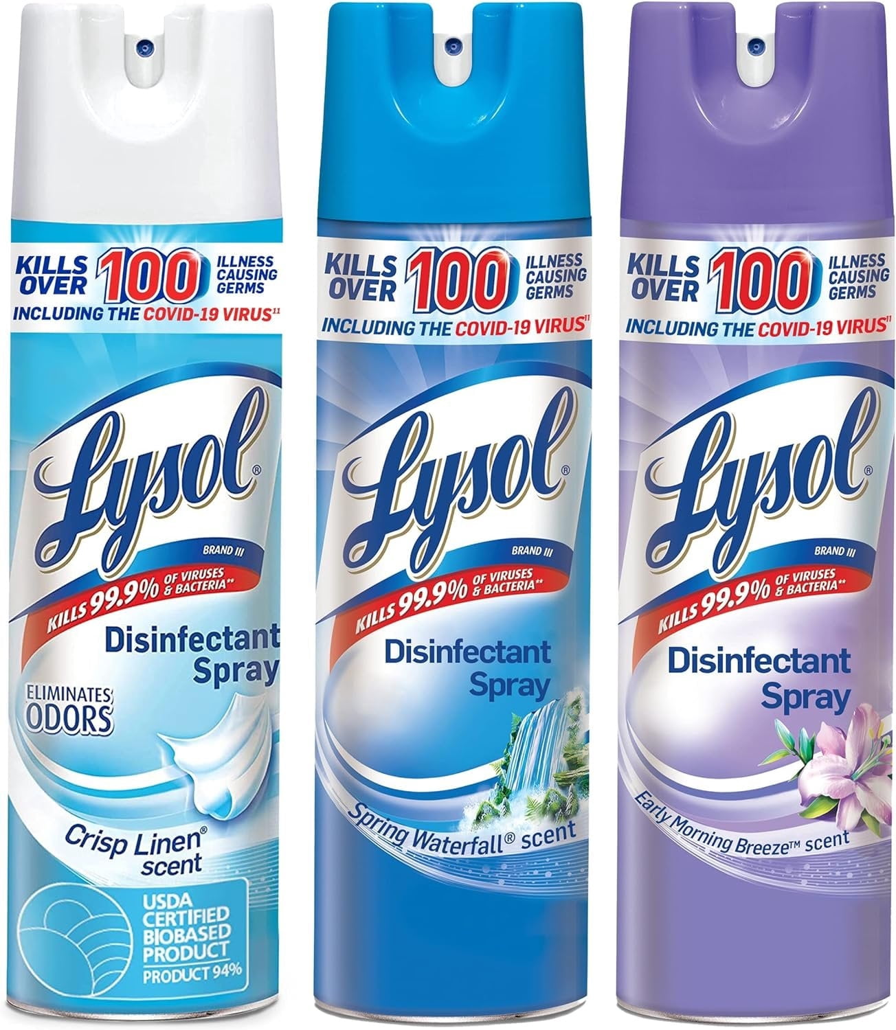 Lysol Disinfectant Spray Multi Scent Bundle - Crisp Linen - Early Morning Breeze, and Spring Waterfall Scents, 19 Ounces Pack of 3