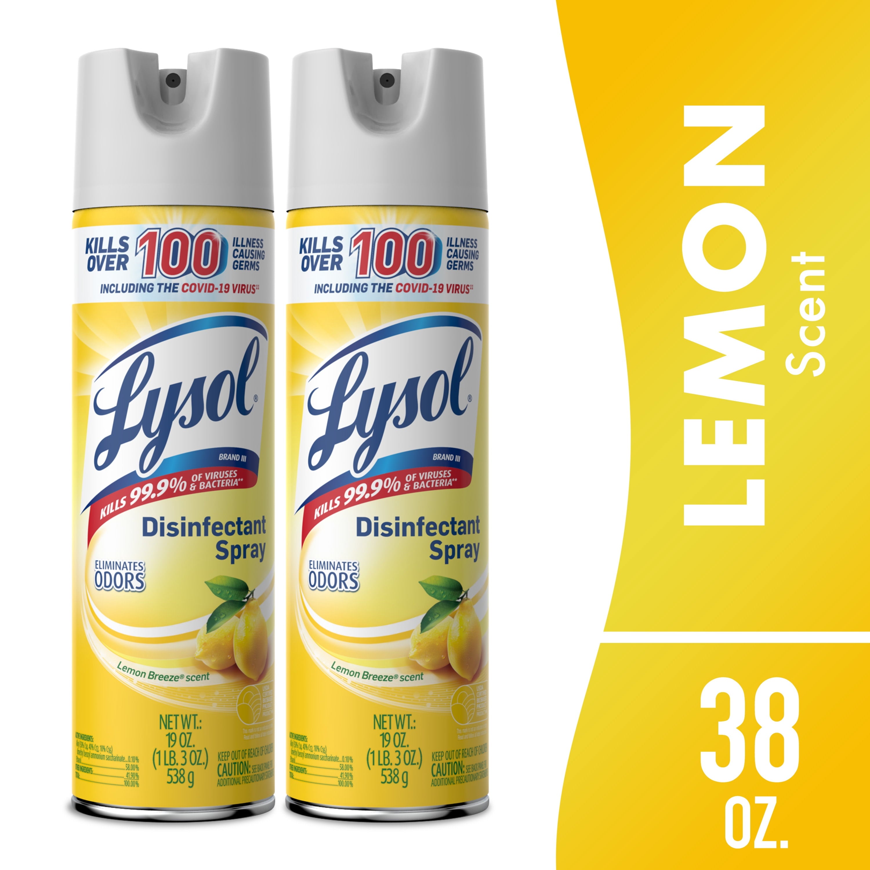 Lysol Disinfectant Spray - Sanitizing and Antibacterial Spray, Deodorizer, Lemon Breeze, 19 oz (Pack of 2)