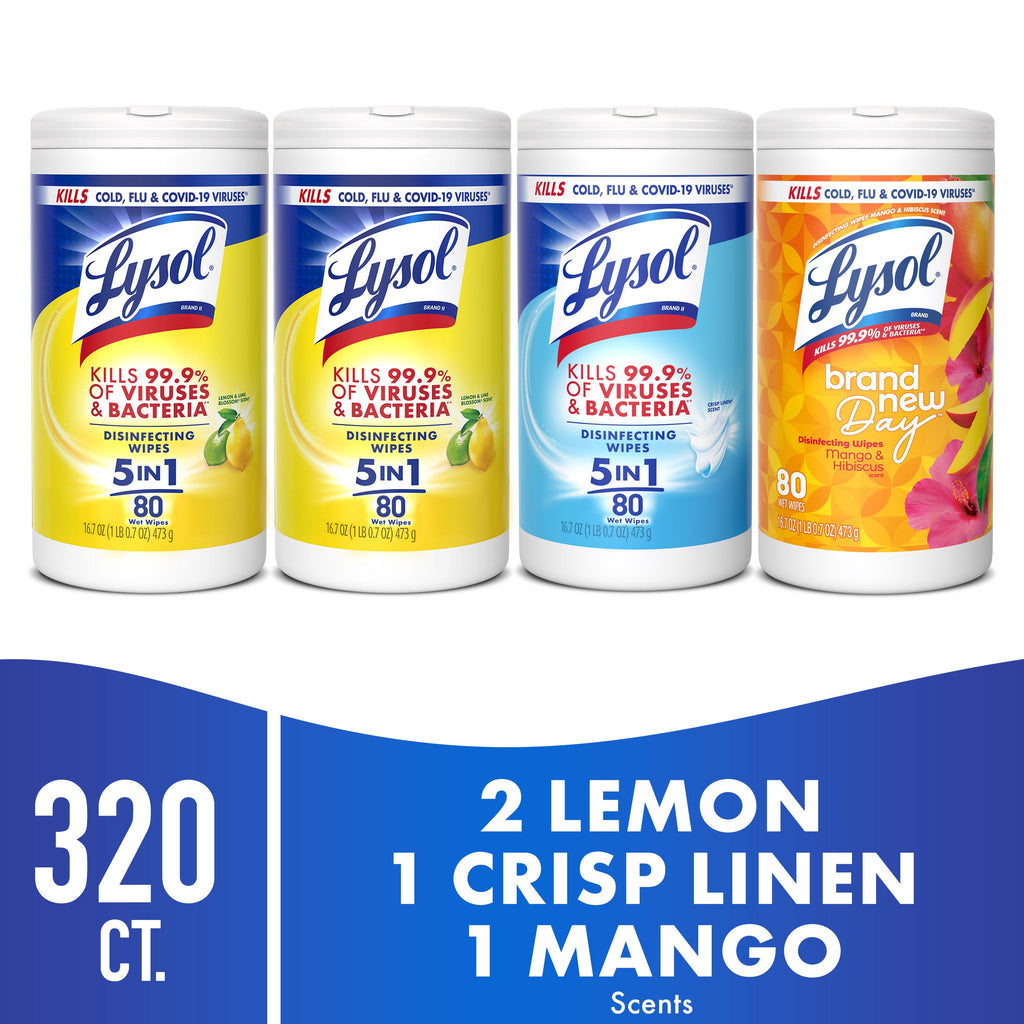 Lysol Disinfecting Wipes - All-Purpose Cleaner, Multi Surface Antibacterial Cleaning Wipes, Cleaning Supplies, Lemon + Mango & Hibiscus + Crisp Linen Scent, 80 Count Each (Pack of 4)