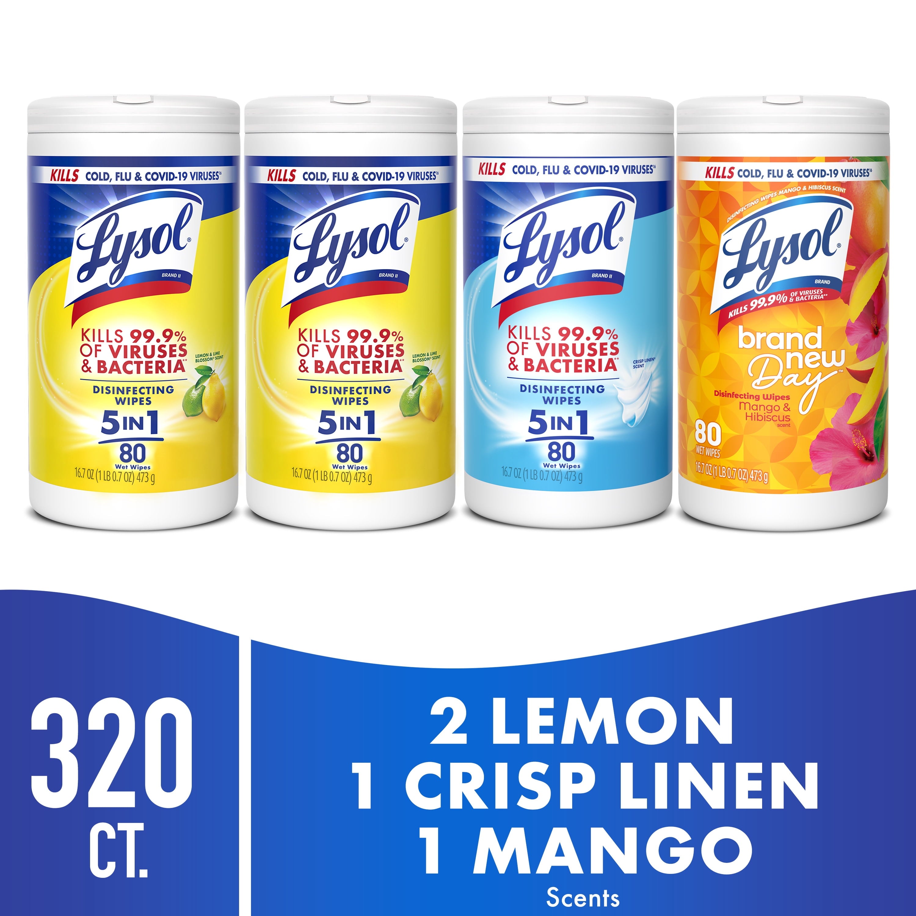 Lysol Disinfecting Wipes - All-Purpose Cleaner, Multi Surface Antibacterial Cleaning Wipes, Cleaning Supplies, Lemon + Mango & Hibiscus + Crisp Linen Scent, 80 Count Each (Pack of 4)