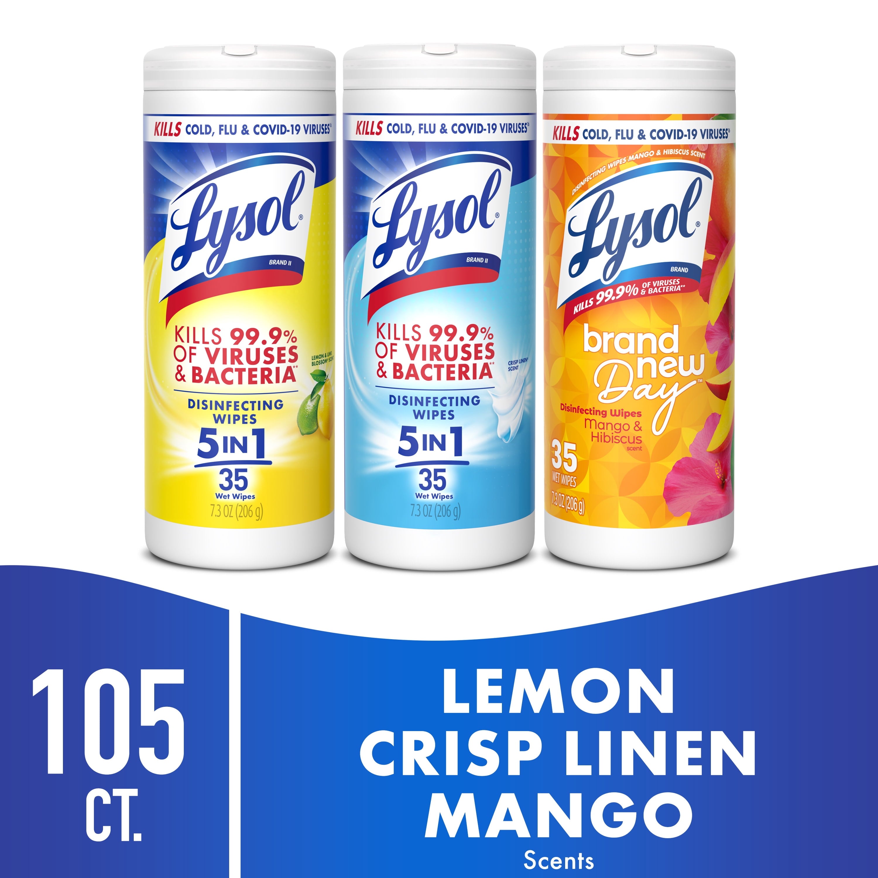 Lysol Disinfecting Wipes - All-Purpose Cleaner, Multi Surface Antibacterial Cleaning Wipes, Cleaning Supplies, Lemon + Mango & Hibiscus + Crisp Linen Scent, 35 Count Each (Pack of 3)