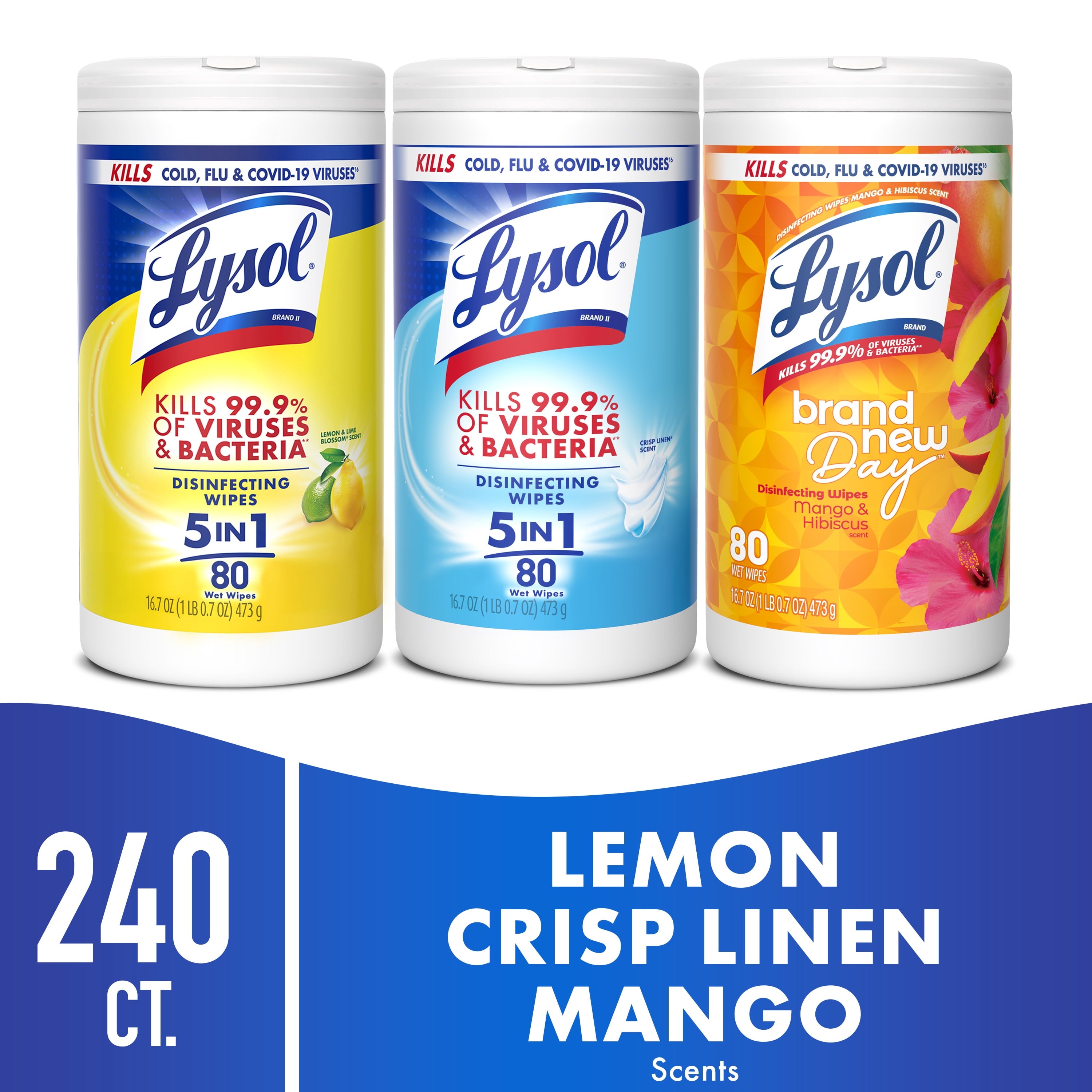 Lysol Disinfecting Wipes - All-Purpose Cleaner, Multi Surface Antibacterial Cleaning Wipes, Cleaning Supplies, Lemon + Crisp Linen + Mango & Hibiscus Scent, 80 Count Each (Pack of 3)