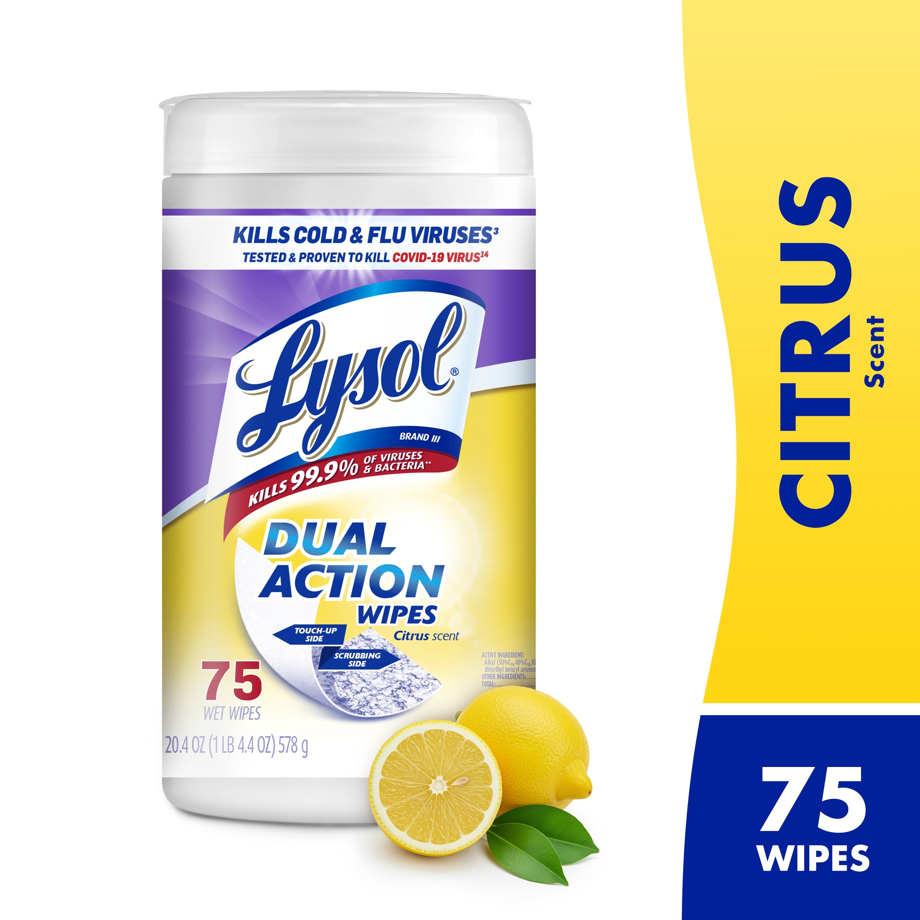 Lysol Dual Action Disinfectant Wipes - Multi-Surface Antibacterial Scrubbing Wipes, For Disinfecting and Cleaning, Citrus Scent, 75 Count
