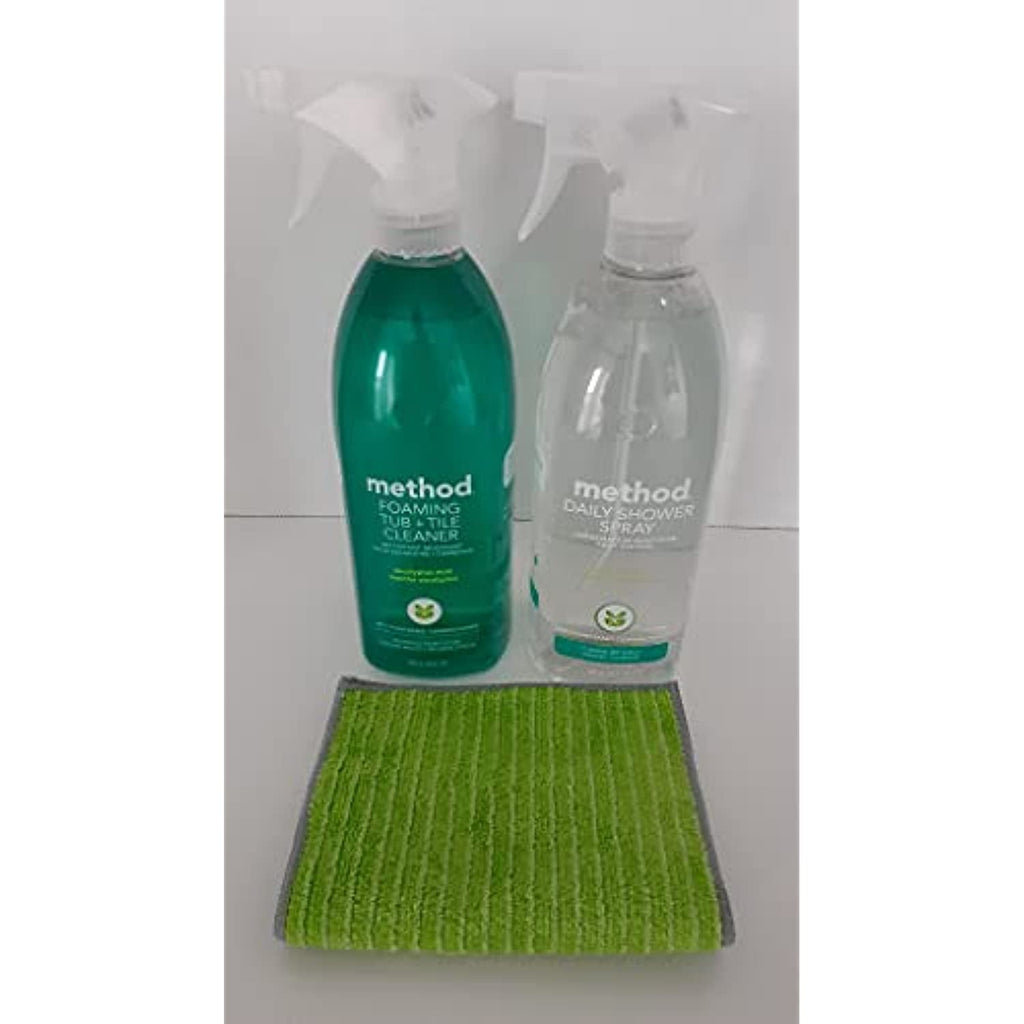 Method Bathroom Cleaning Bundle With One Method Daily Shower Cleaner - Eucalyptus Mint 28 Oz, One Method Foaming Tub And Tile Cleaner, Eucalyptus Mint 28 Oz, And One Pocket Microfiber Cleaning Towel