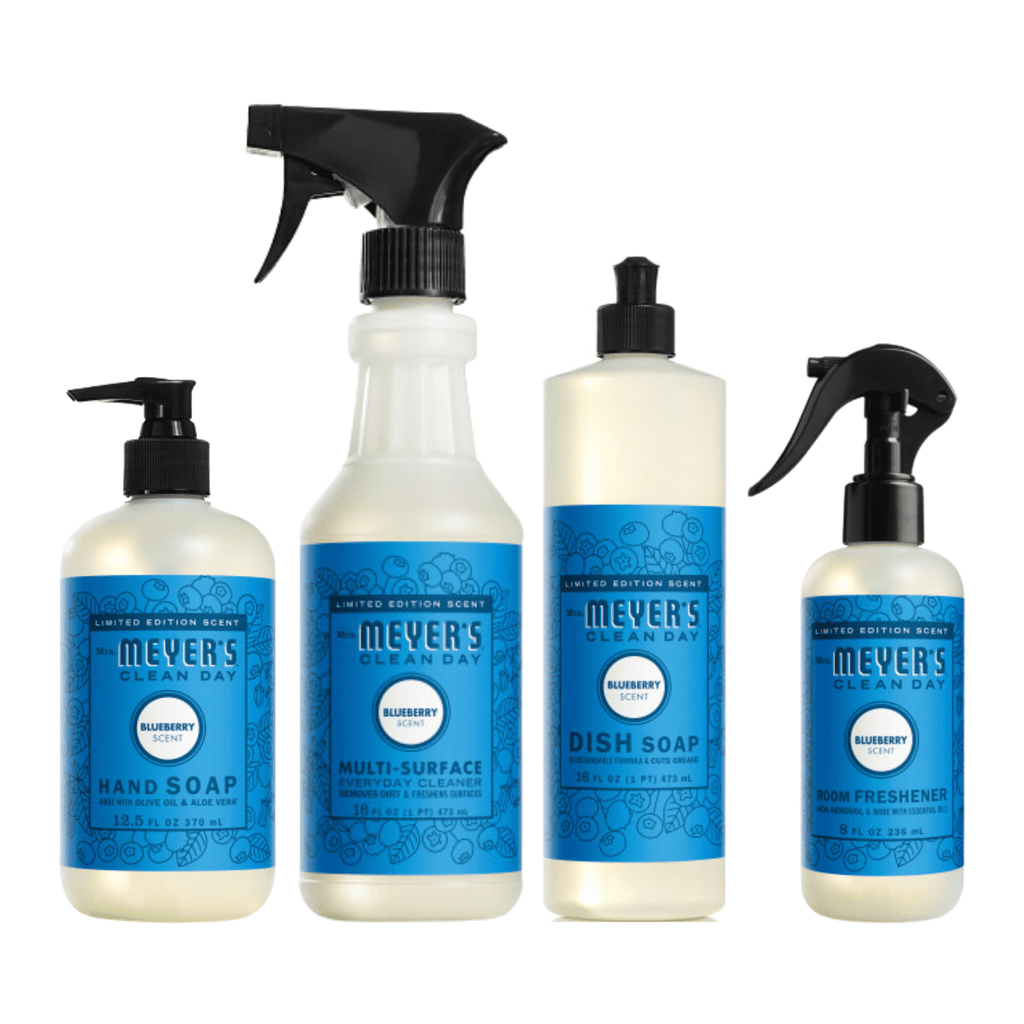 Mrs. Meyer’s Clean Day Blueberry Scent Variety Pack - Liquid Hand Soap 12.5 fl oz, Multi-Surface Cleaner 16 fl oz, Liquid Dish Soap 16 fl oz, Room Freshener 8 oz, 1 Count