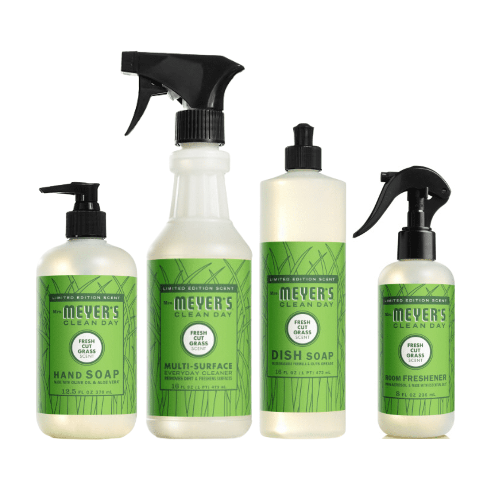 Mrs. Meyer’s Clean Day Fresh Cut Grass Scent Variety Pack - Liquid Hand Soap 12.5 fl oz, Dish Soap 16 fl oz, Multi-Surface Cleaner 16 fl oz, Room Freshener 8 oz, 1 Count