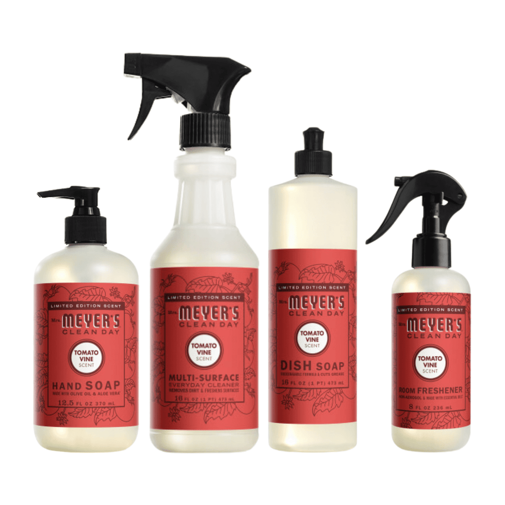 Mrs. Meyer’s Clean Day Tomato Vine Scent Variety Pack - Liquid Hand Soap 12.5 fl oz, Liquid Dish Soap 16 fl oz, Multi-Surface Cleaner 16 fl oz, Room Freshener 8 oz, 1 Count