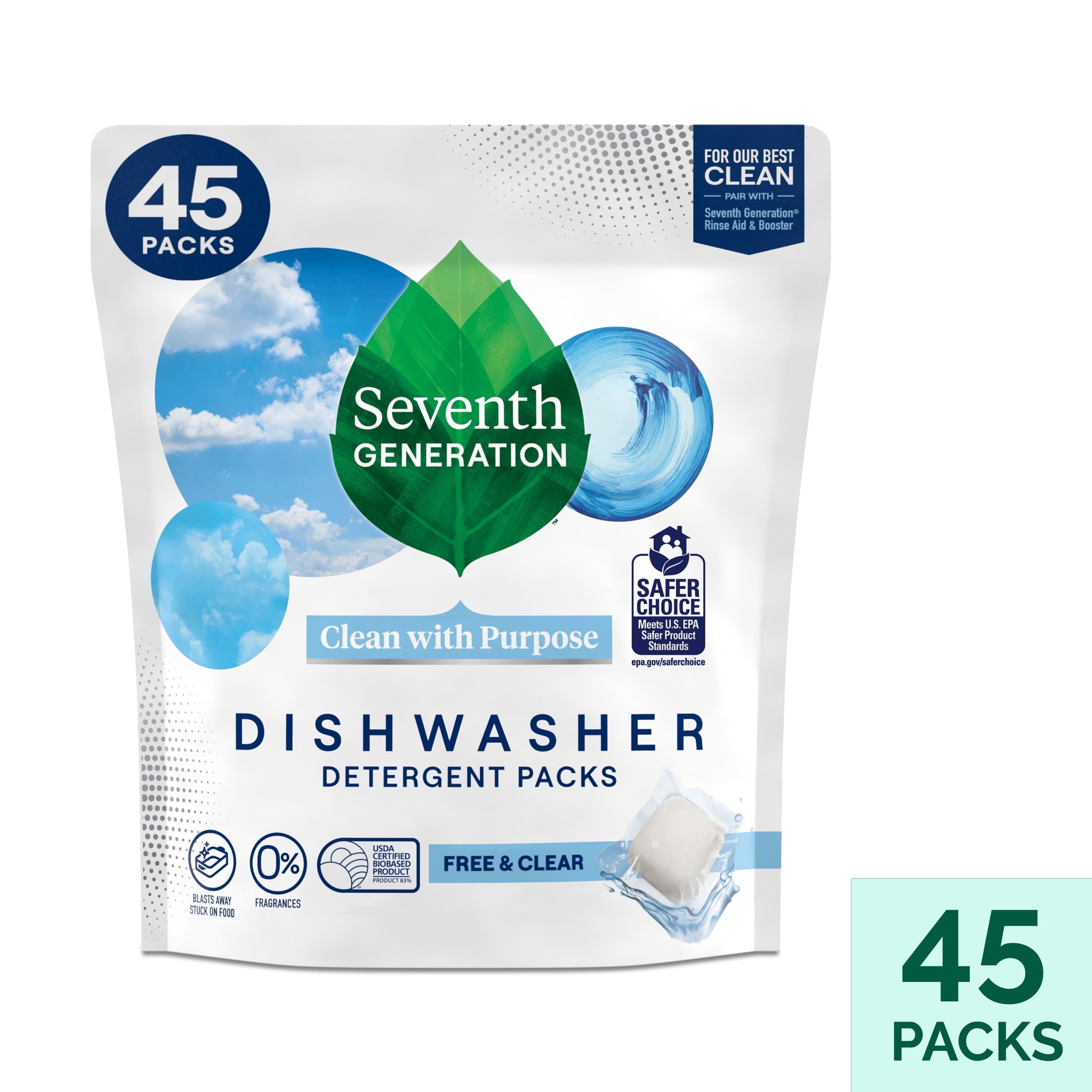 Seventh Generation Clean with Purpose Free and Clear Dishwasher Detergent Pods - 28.5 oz, 45 Count