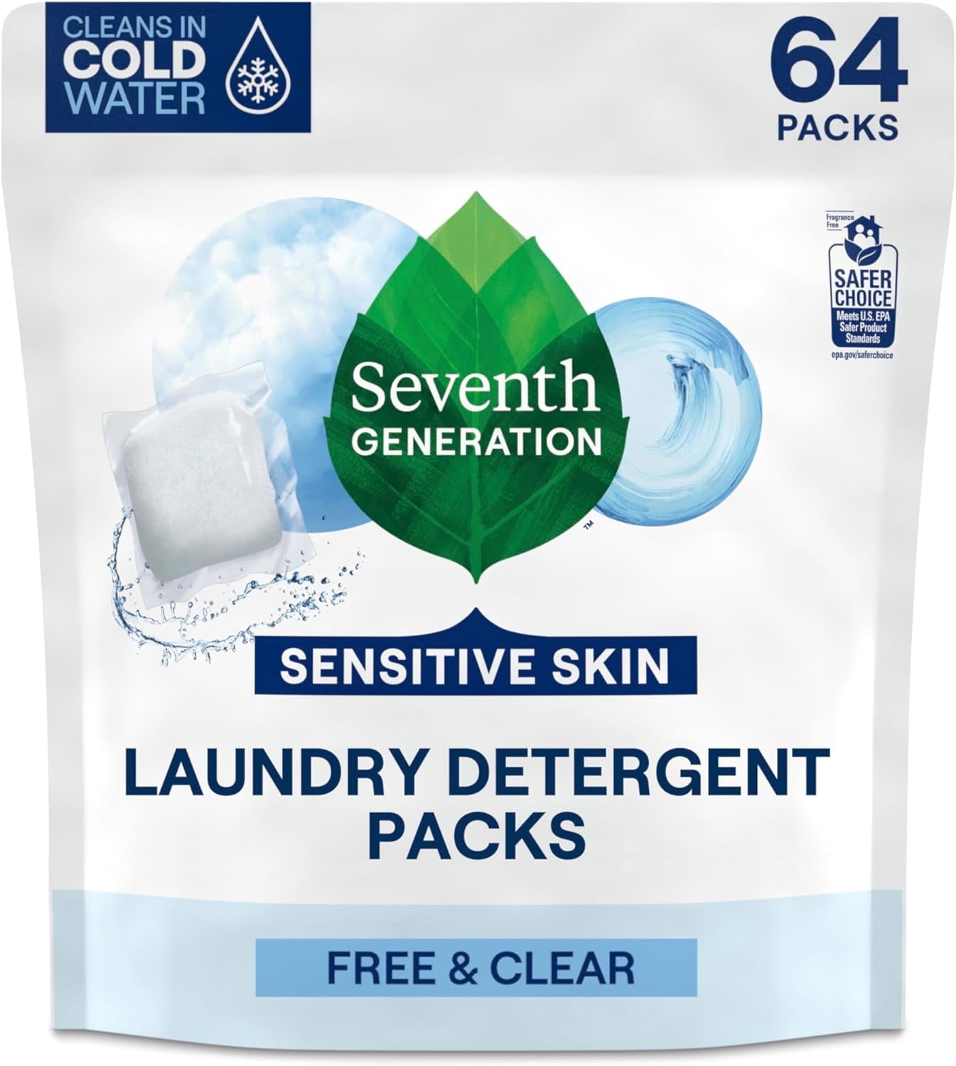 Seventh Generation Laundry Detergent Packs - Free & Clear, Made for Sensitive Skin, 64 Count