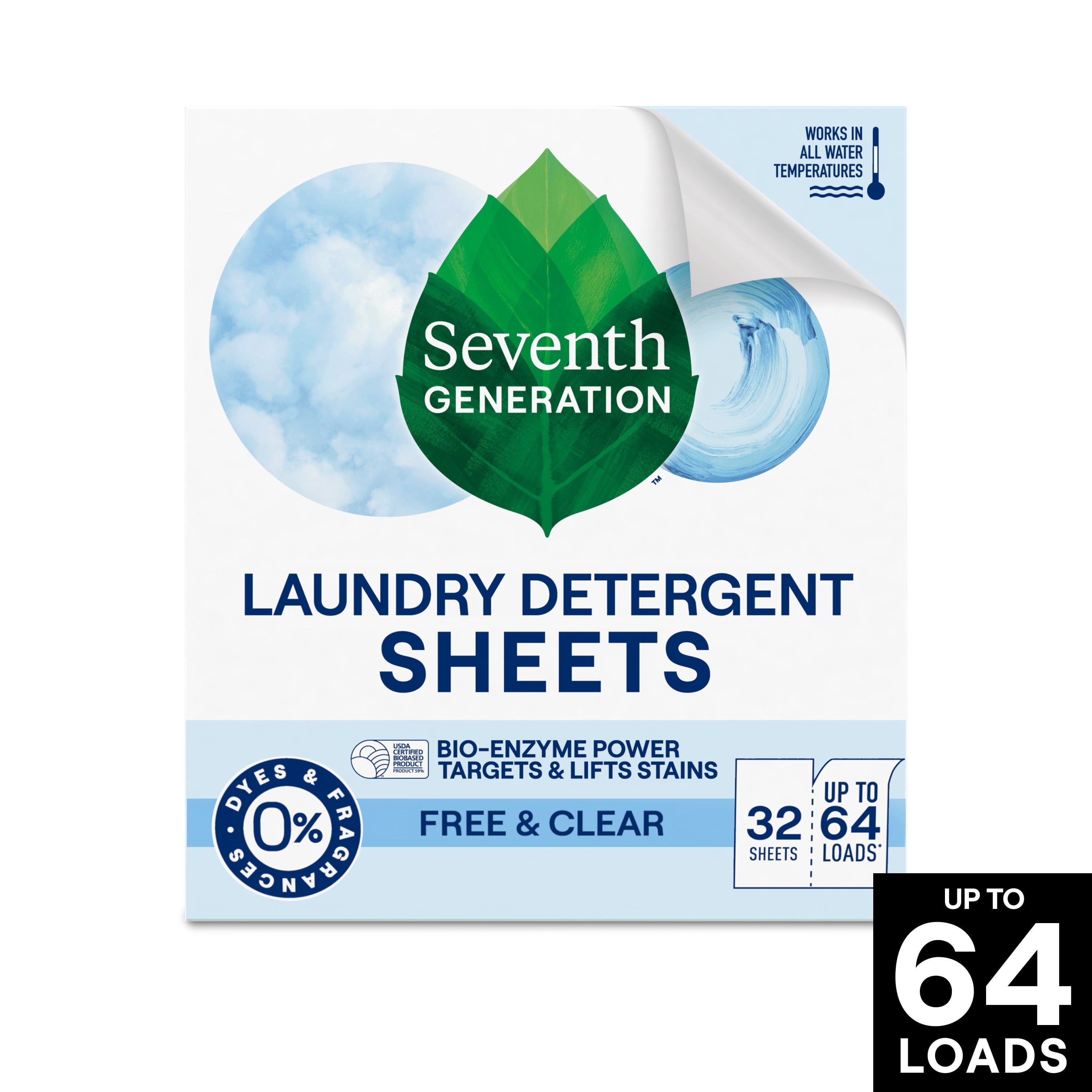 Seventh Generation Sensitive Skin Laundry Detergent Sheets - Free & Clear, 64 Loads