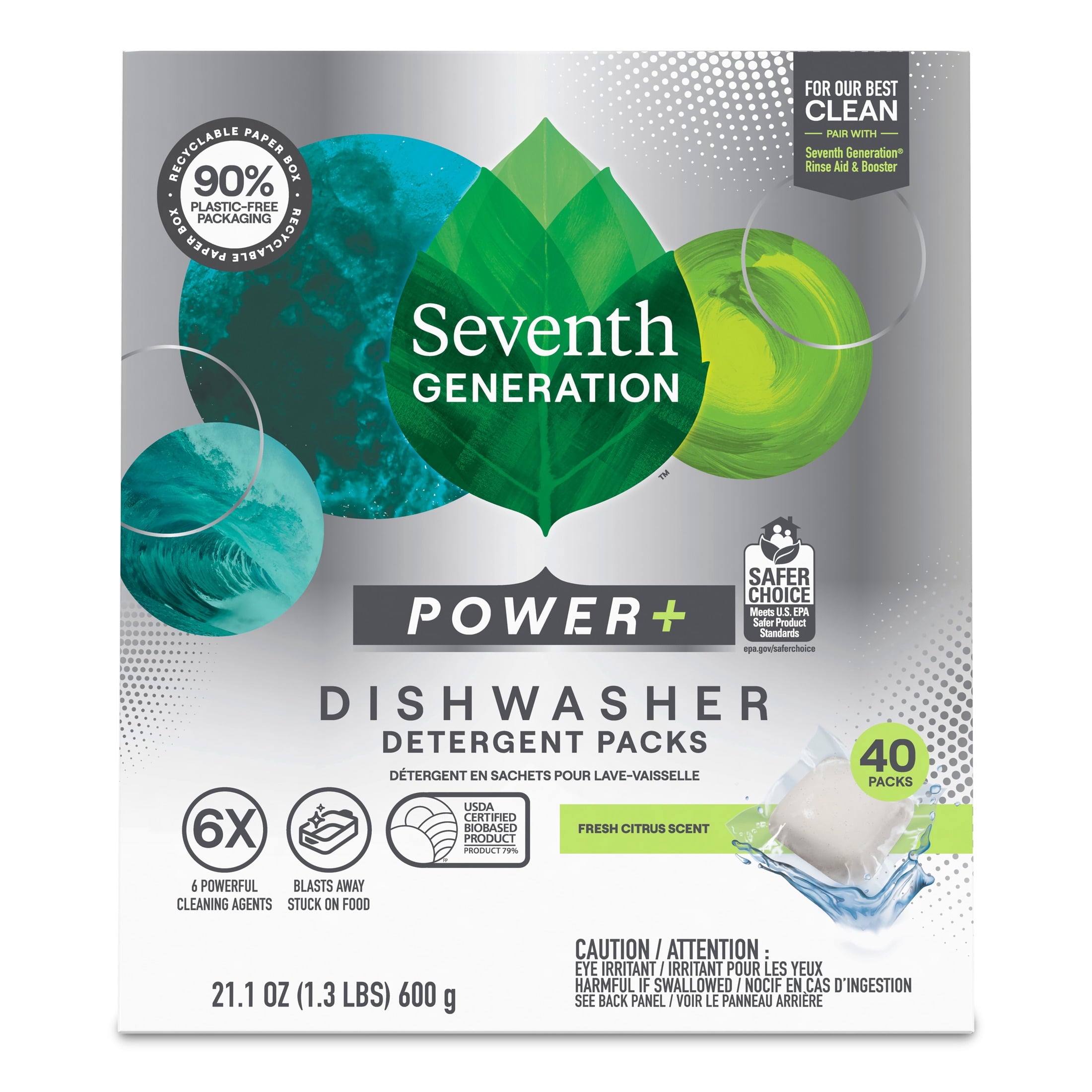 Seventh Generation Power Plus Dishwasher Detergent Packs For Sparkling Dishes Fresh Citrus Scent Dishwasher Tabs 40 Count