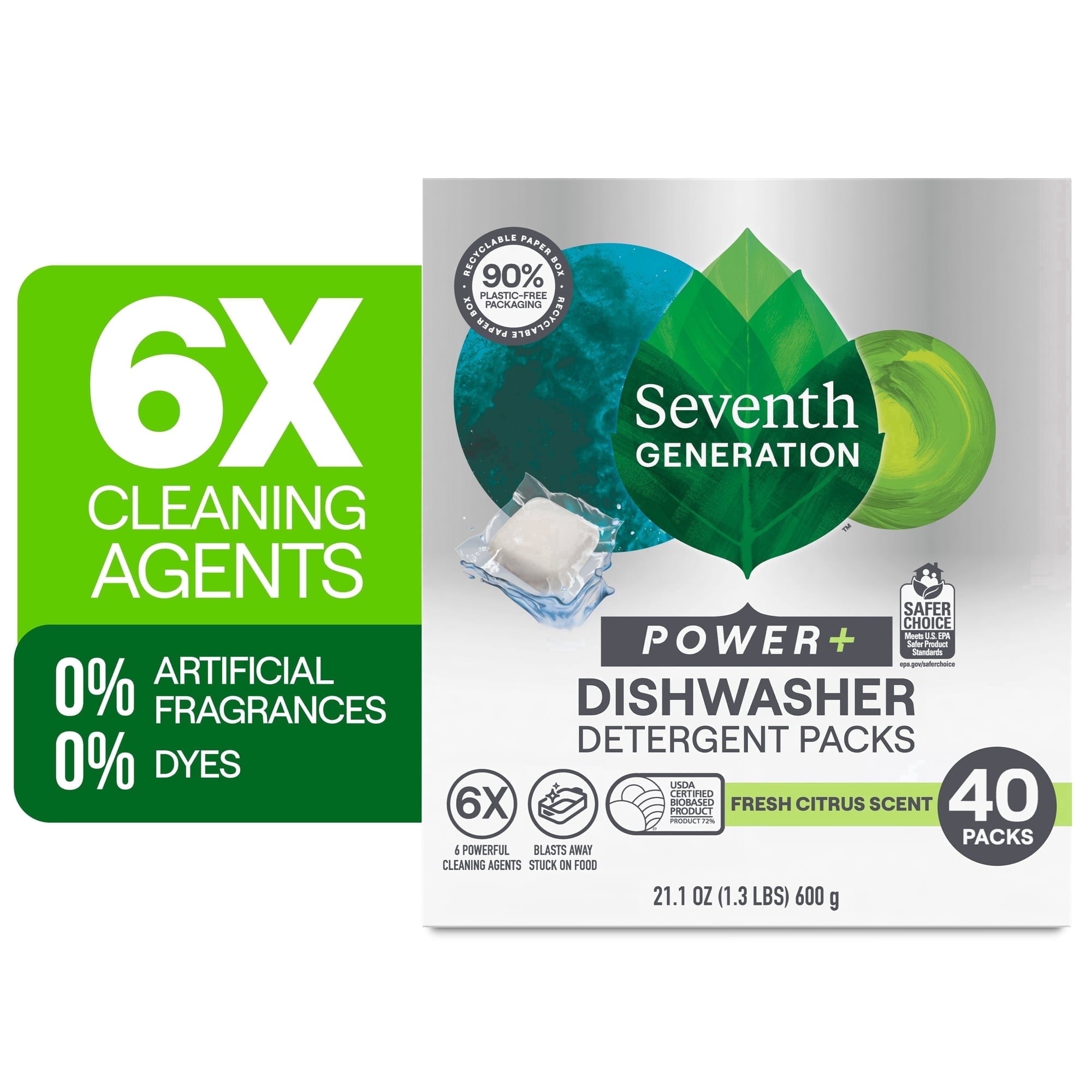 Seventh Generation Power Plus Dishwasher Detergent Pods - Fresh Citrus, 40 Count