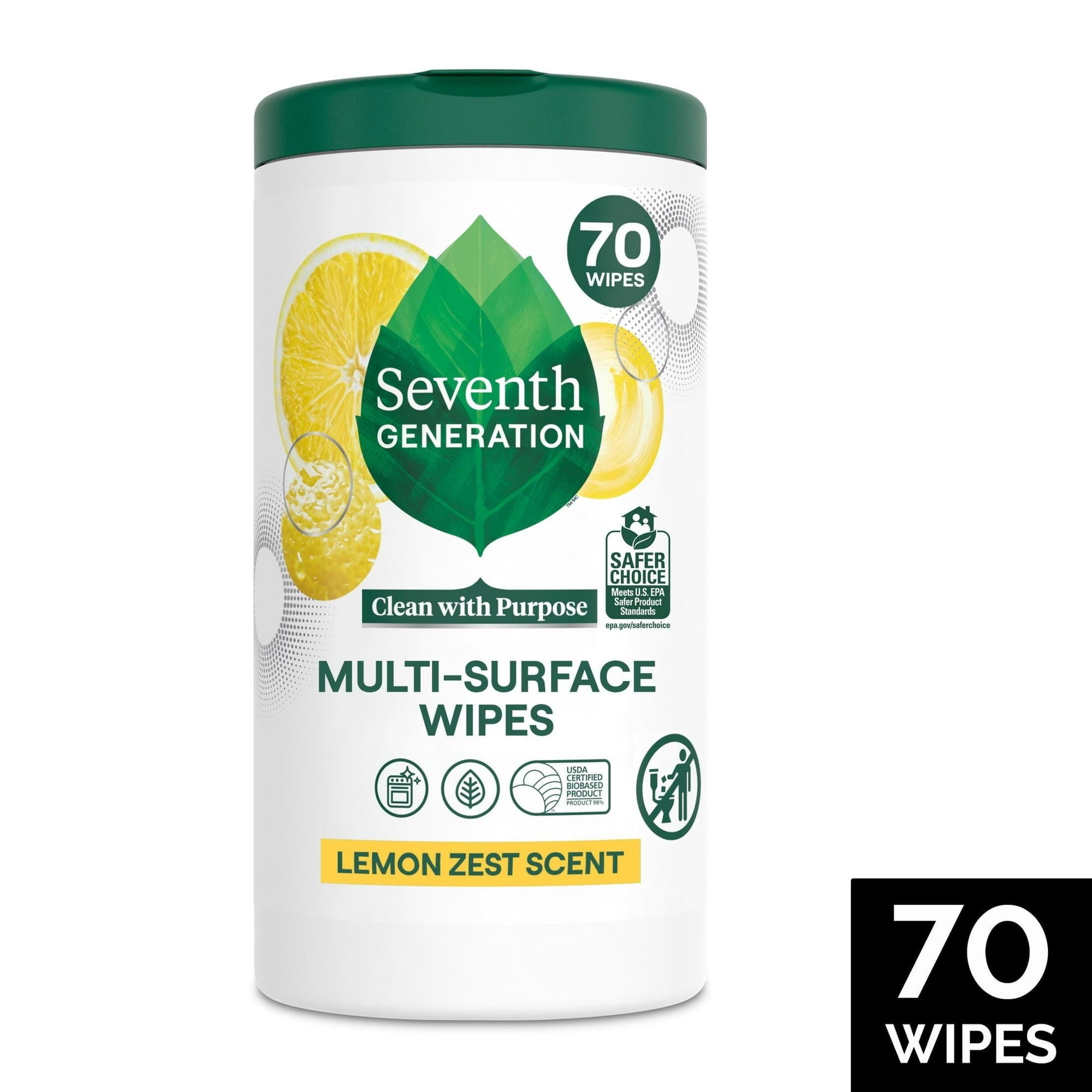 Seventh Generation Multi Surface All-Purpose Cleaning Wipes - Lemon Zest, 70 Count