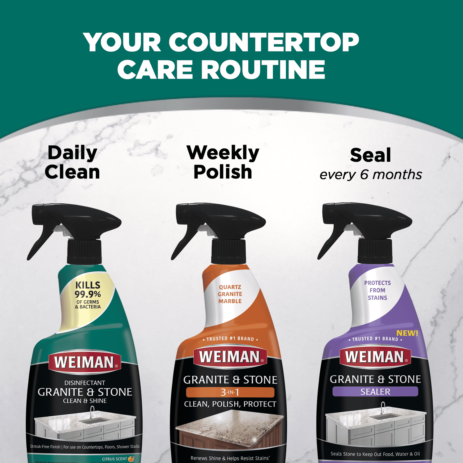 Weiman Disinfectant Granite Daily Clean & Shine - 24 fl oz (2 Pack) Safely Clean Disinfect and Shine Granite Marble Soapstone Quartz Quartzite & Slate (NEW LOOK)