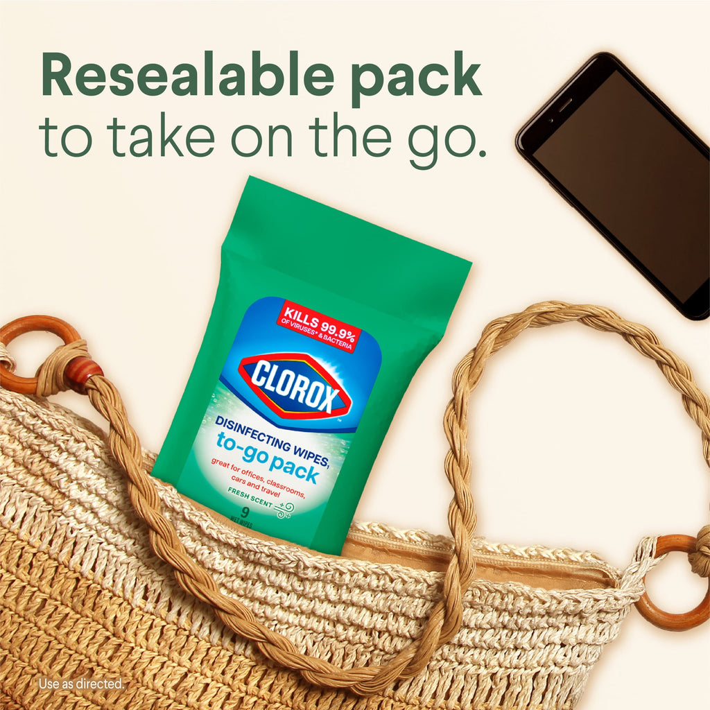 Clorox Disinfecting Cleaning Wipes To Go Pack - Bleach Free, Fresh Scent, 9 Count - 3-Pack