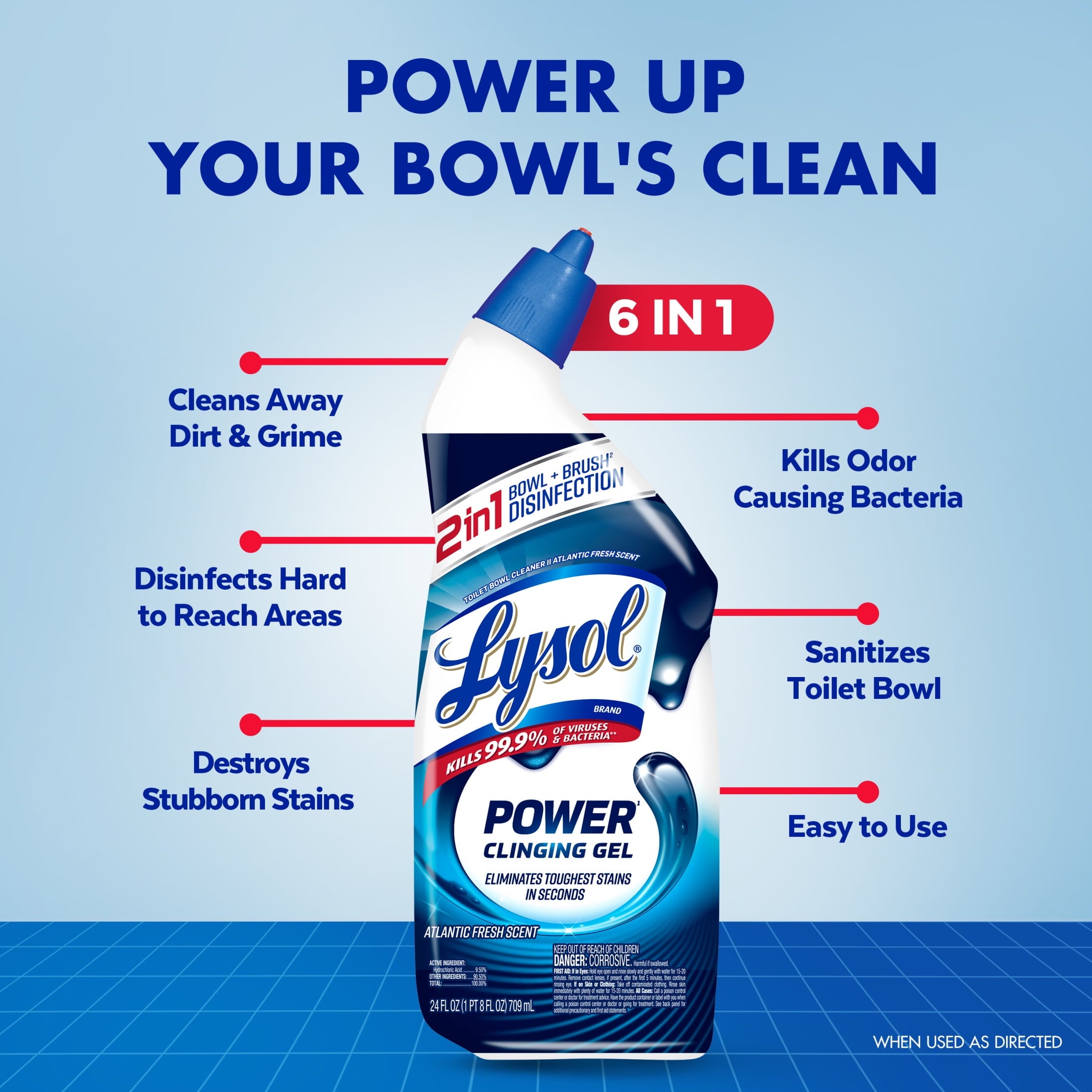 Lysol Toilet Bowl Cleaner Clinging Gel - Power, Disinfecting Bathroom Cleaner and Toilet Bowl Stain Remover, 24 fl oz