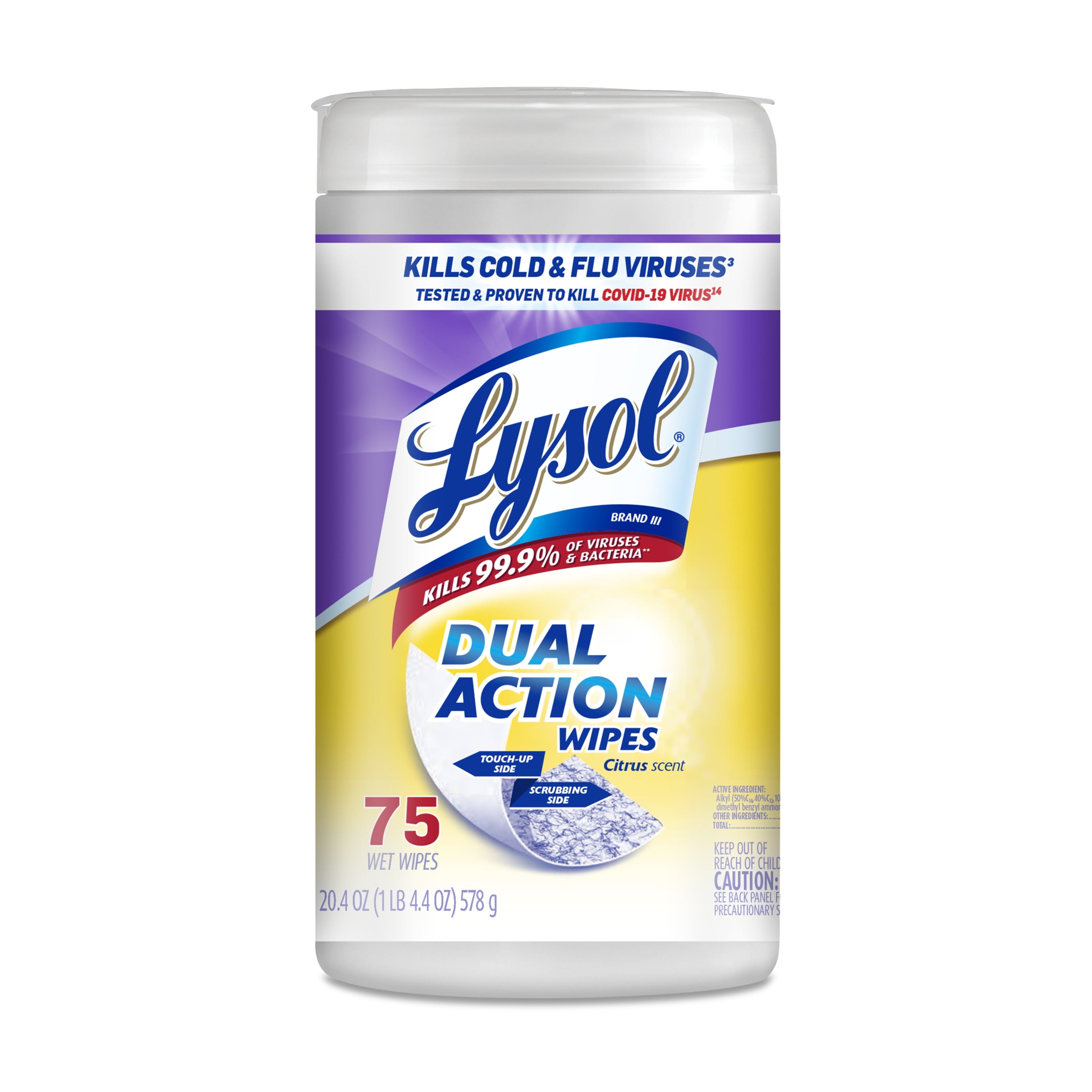 Lysol Dual Action Disinfectant Wipes - Multi-Surface Antibacterial Scrubbing Wipes, For Disinfecting and Cleaning, Citrus Scent, 75 Count