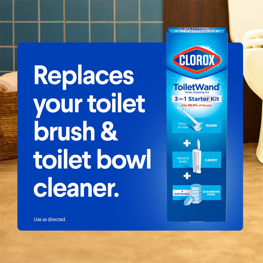 Clorox ToiletWand Disposable Toilet Cleaning System - ToiletWand, Storage Caddy and 6 Disinfecting ToiletWand Scrubbing Pad Refills
