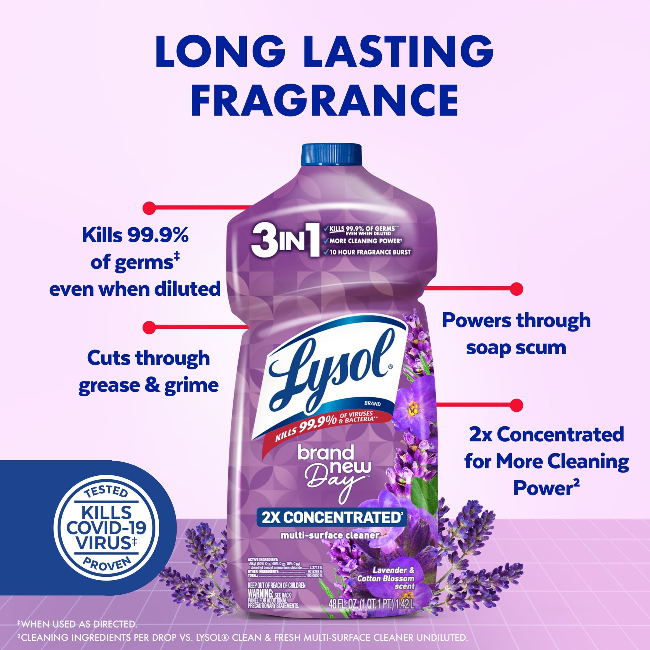Lysol All-Purpose Cleaner - 2X Concentrated Multi-Surface Disinfectant Floor Cleaner for Mopping Solution, for Bathroom & Kitchen, Lavender & Cotton Blossom, 48 fl oz - 2-Pack