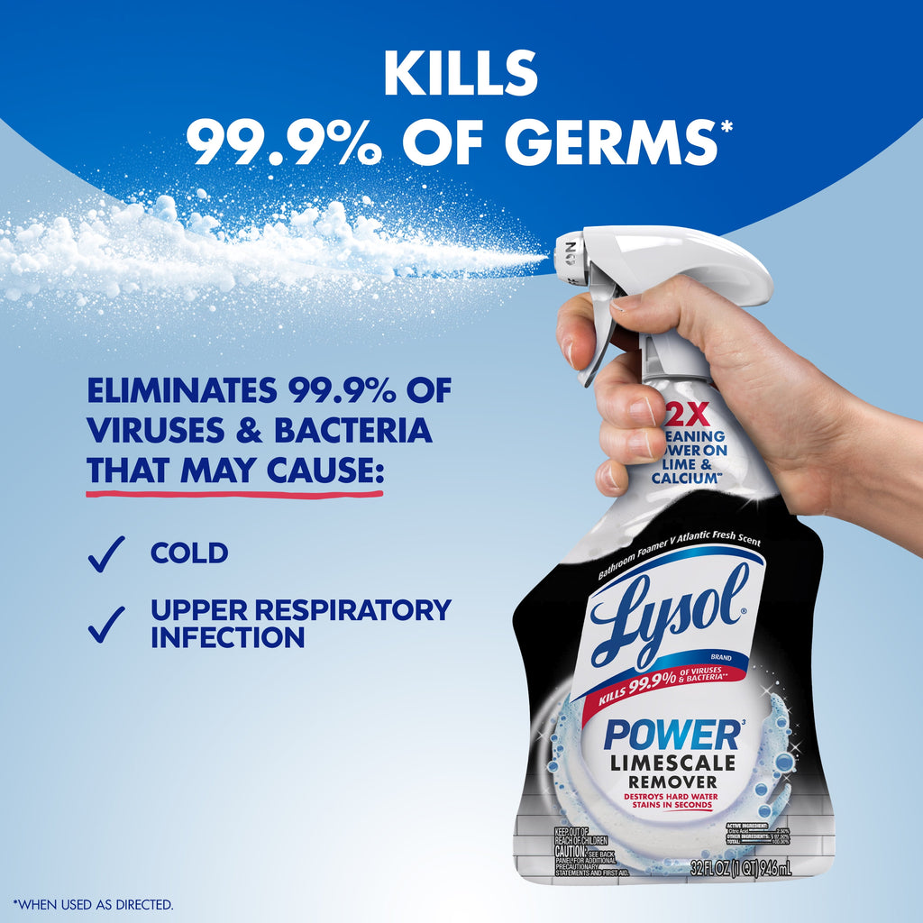 Lysol Power Limescale Remover Bathroom Cleaner Spray - Hard Water Stain Remover, Disinfecting Multipurpose Cleaner, 0% Bleach, Atlantic Fresh Scent, 32 fl oz - 2-Pack