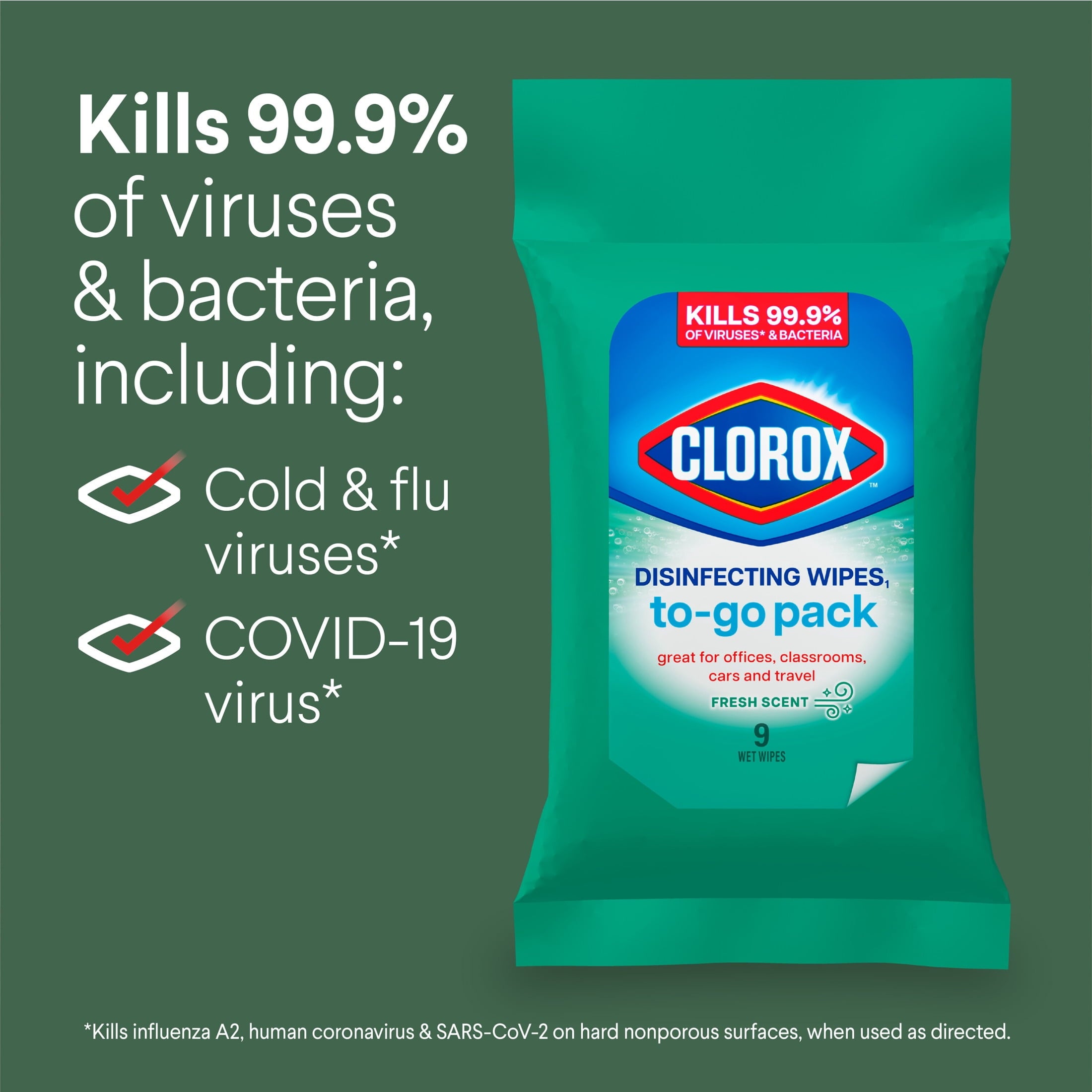 Clorox Disinfecting Cleaning Wipes To Go Pack - Bleach Free, Fresh Scent, 9 Count - 24-Pack
